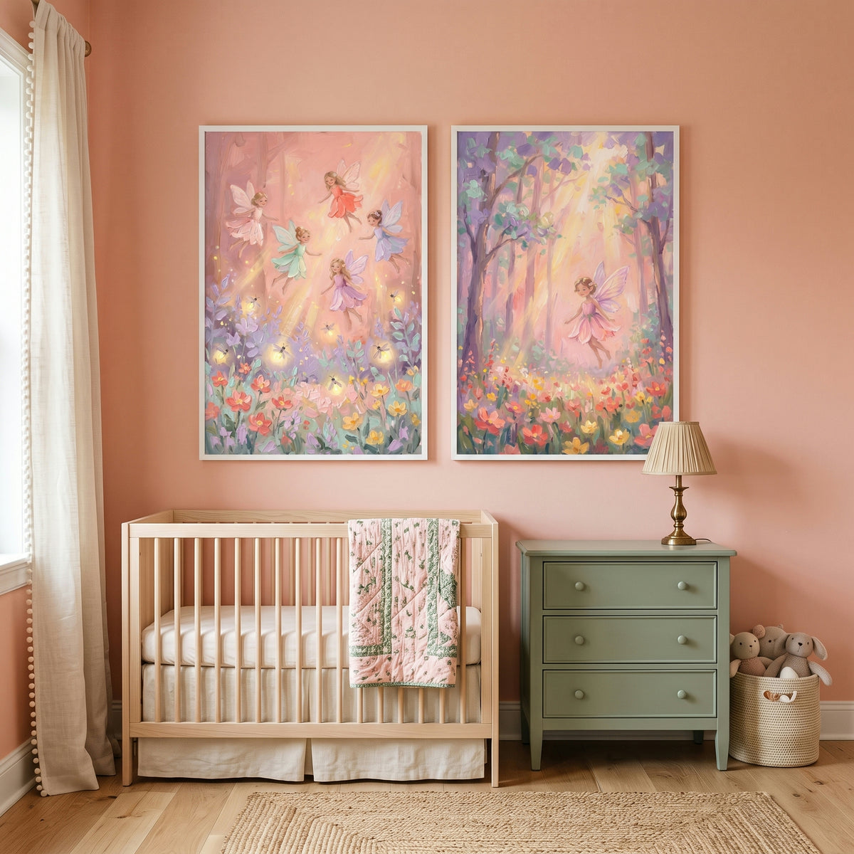 Enchanted Sunbeam Fairies Forest Wall Art Set of 2 - Whimsical Fairy Flight