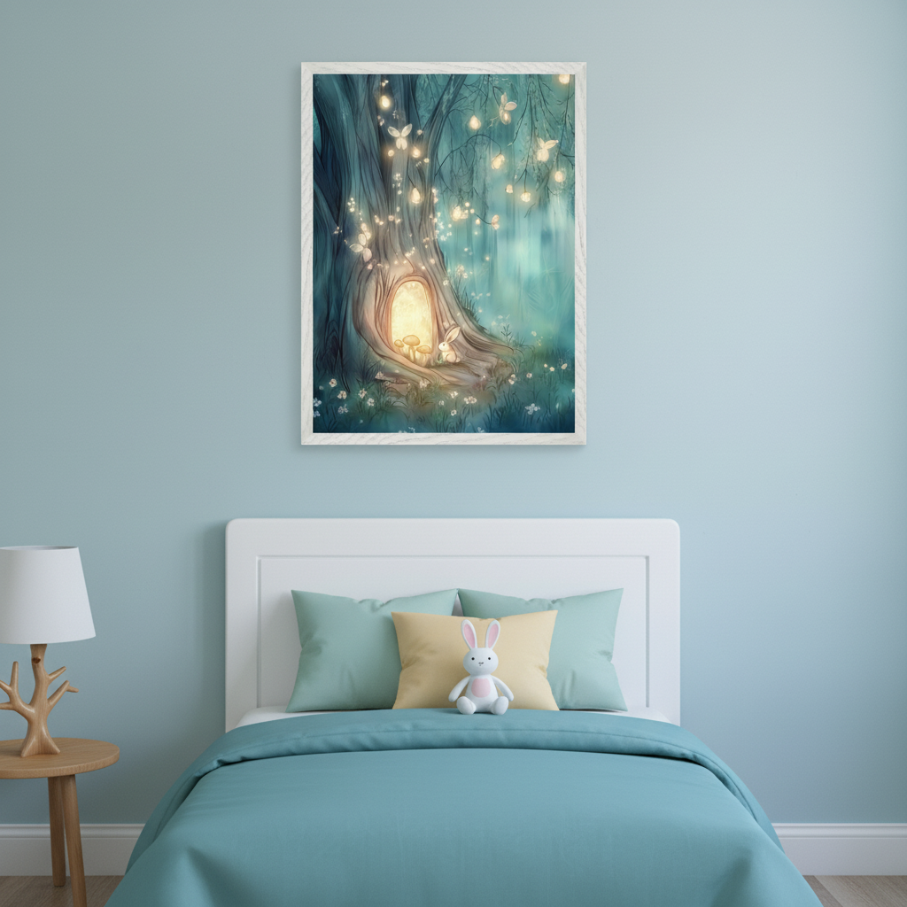 Kid's bedroom with a white bed and blue bedding. A framed print of a magical tree with a glowing door, a rabbit, and fireflies hangs above the bed. A wooden nightstand with a lamp is to the left of the bed.