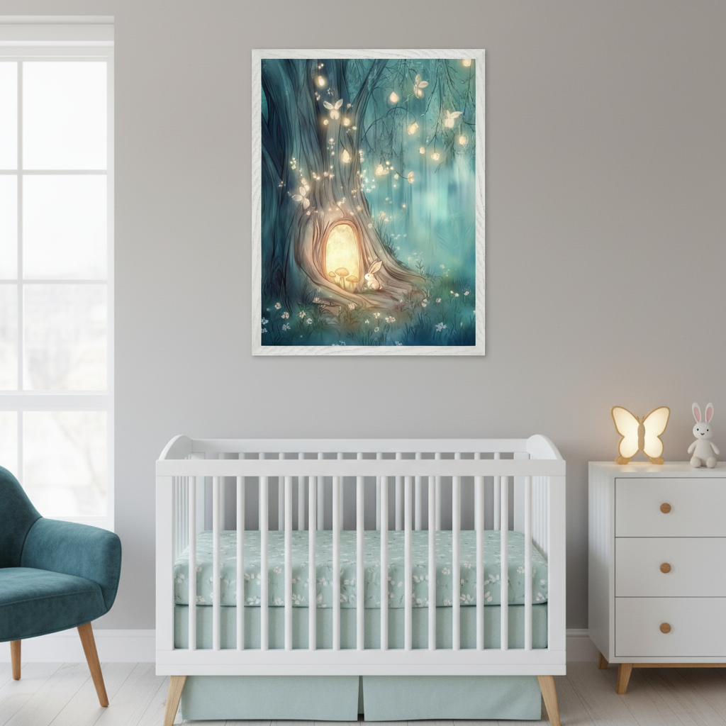 Modern nursery with a white crib, white dresser, and teal armchair. A framed whimsical forest print hangs above the crib, depicting a tree with a glowing hollow, a white bunny, and floating lights.