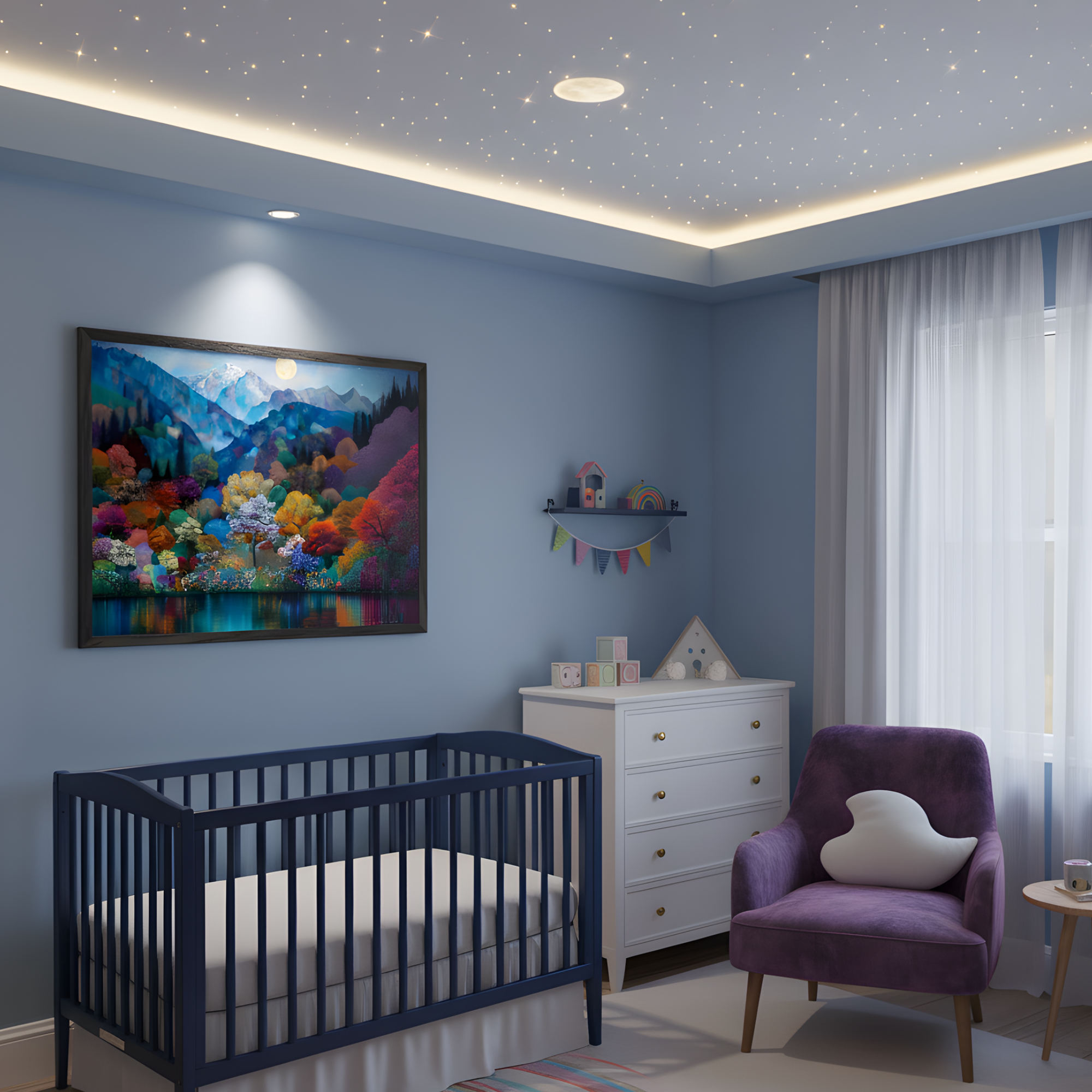 Cozy nursery with soft blue walls and a starry ceiling features a framed painting of a colorful forest and mountain scene illuminated by moonlight. The room includes a navy crib, a white dresser with pastel decor, and a plush purple chair with a pillow creating a calm and dreamy space for a baby.