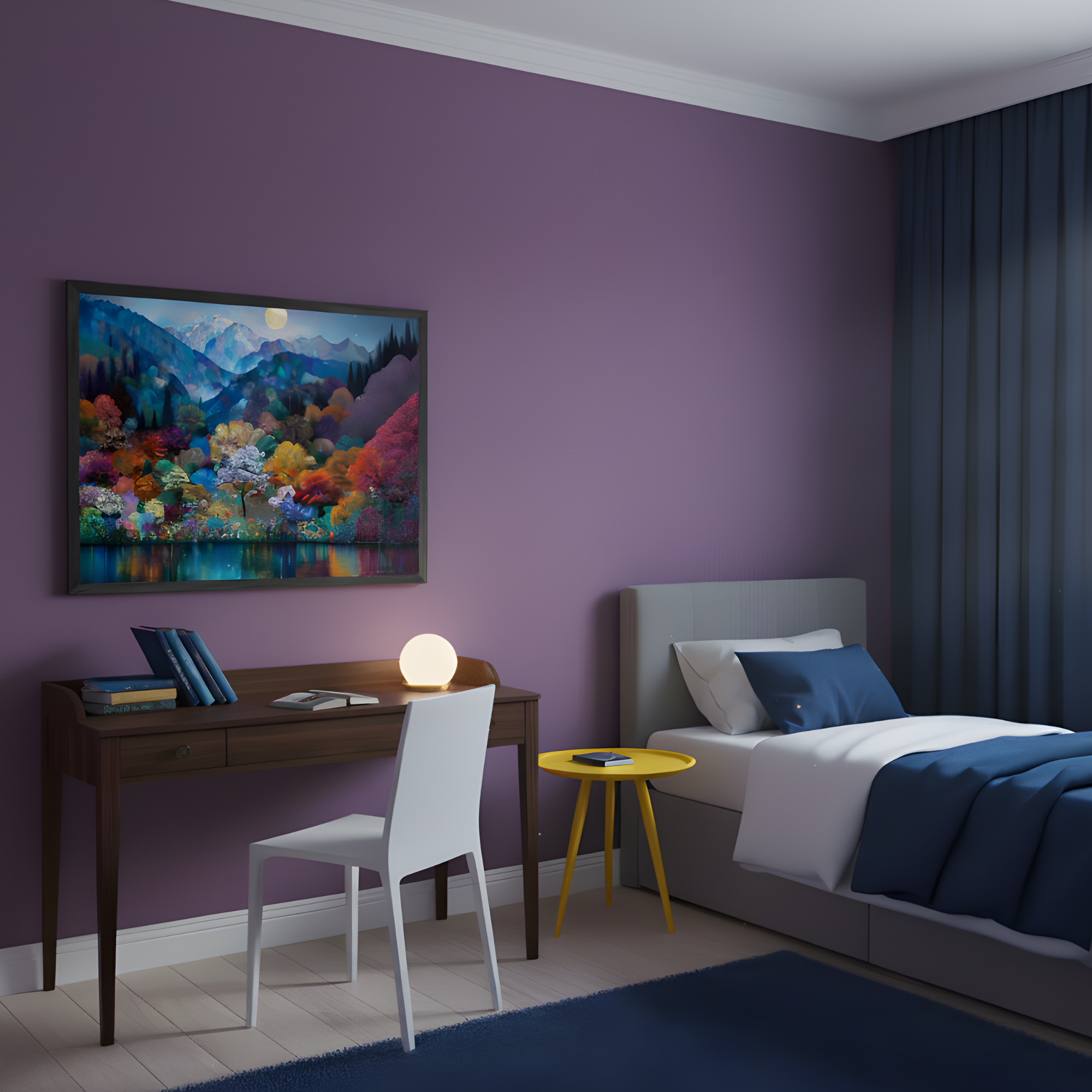 A modern bedroom with a purple accent wall features a colorful landscape painting of mountains, trees, and a moonlit lake above a wooden desk. The room includes a neatly made bed with navy bedding, a yellow side table, and a glowing lamp, creating a cozy and artistic atmosphere.