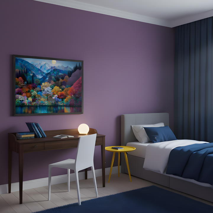 A modern bedroom with a purple accent wall features a colorful landscape painting of mountains, trees, and a moonlit lake above a wooden desk. The room includes a neatly made bed with navy bedding, a yellow side table, and a glowing lamp, creating a cozy and artistic atmosphere.