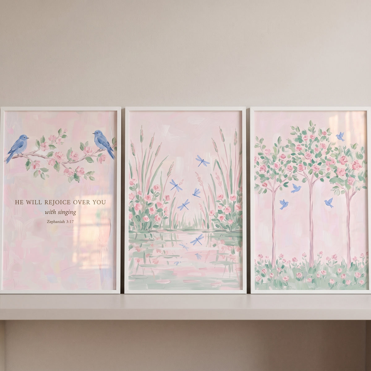 Enchanted Watercolor Pink Garden Wall Art Set of 3 - Soft Meadow Whispers