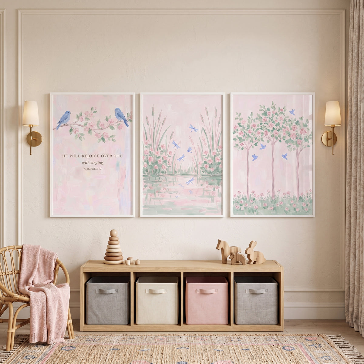 Enchanted Watercolor Pink Garden Wall Art Set of 3 - Soft Meadow Whispers