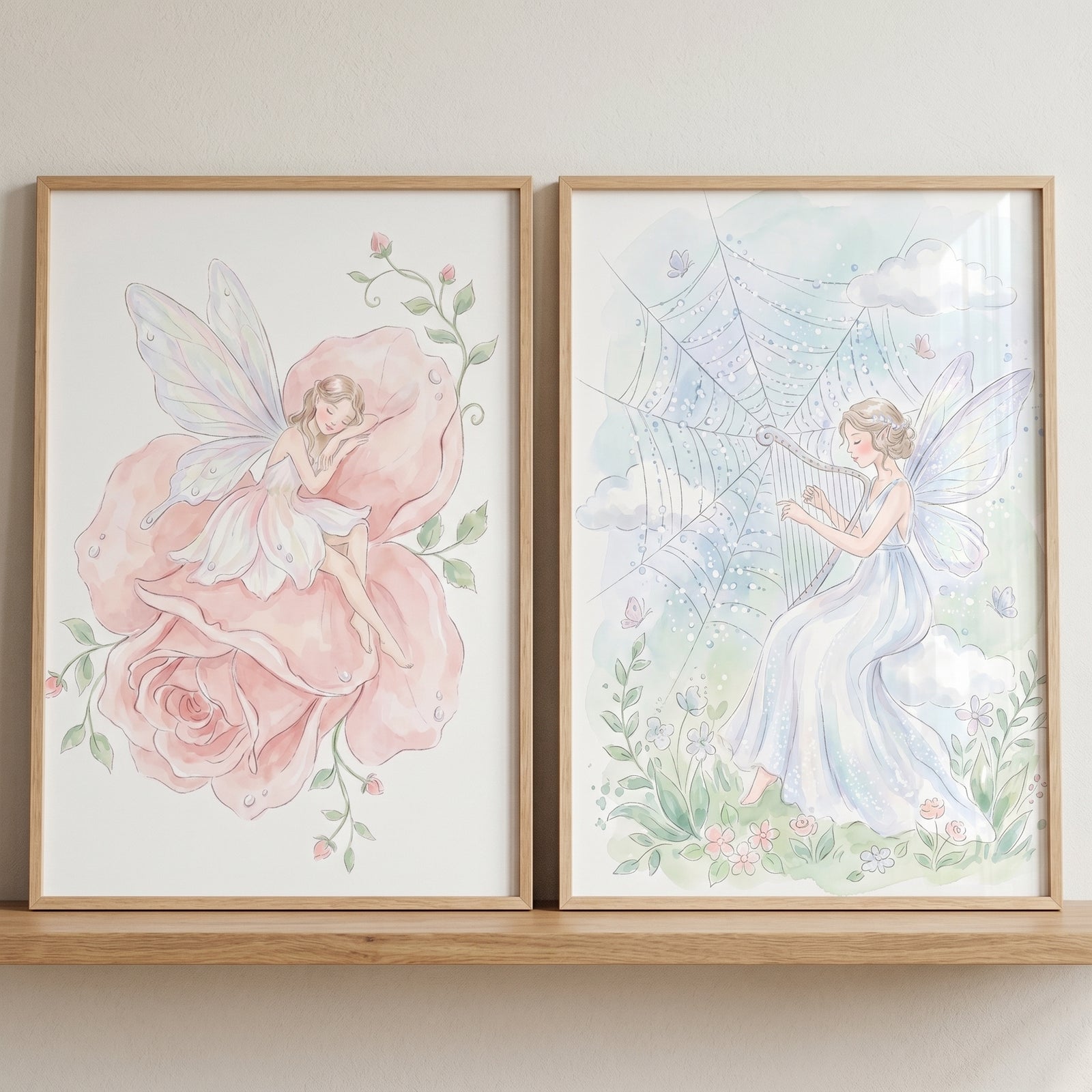 Enchanted winged fairy wall art set of 2 with a fairy sleeping on a rose and a fairy playing a harp made of spiderwebs.