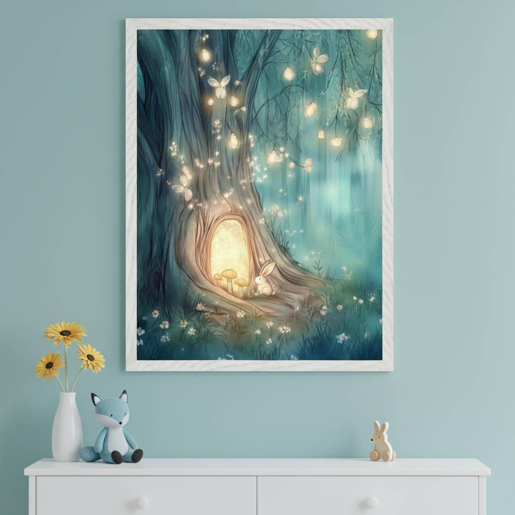 Kid's bedroom with a large framed print hanging centered above a white dresser. The print depicts a whimsical fantasy illustration of a large tree with a glowing hollow, mushrooms, a white rabbit, and luminous butterflies in a blue-green forest. On the dresser are a white vase with yellow flowers, a blue fox plush, and a wooden rabbit toy.