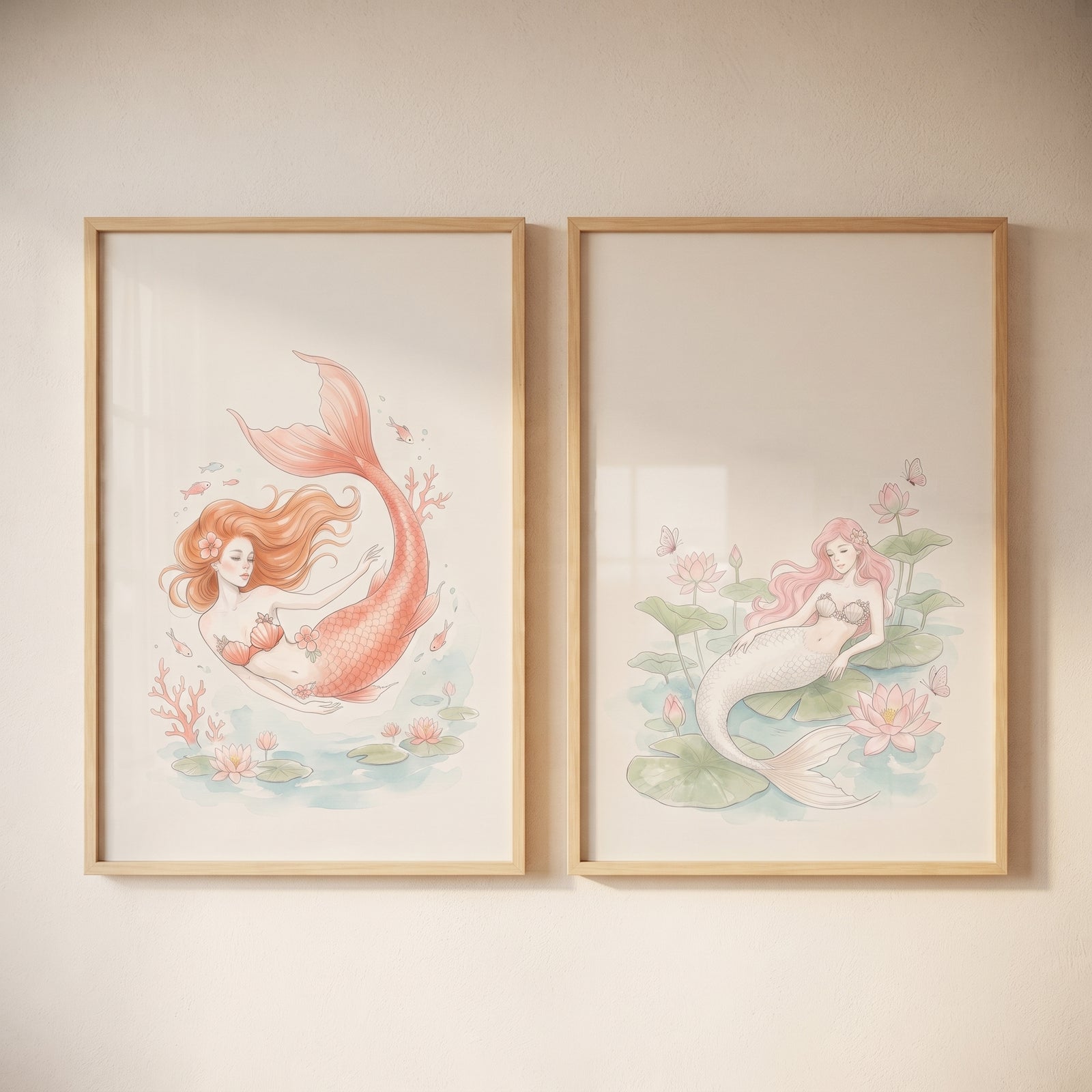 Enchanting fairytale watercolor mermaid wall art set of 2 featuring orange and pink haired mermaids with coral and flowers.