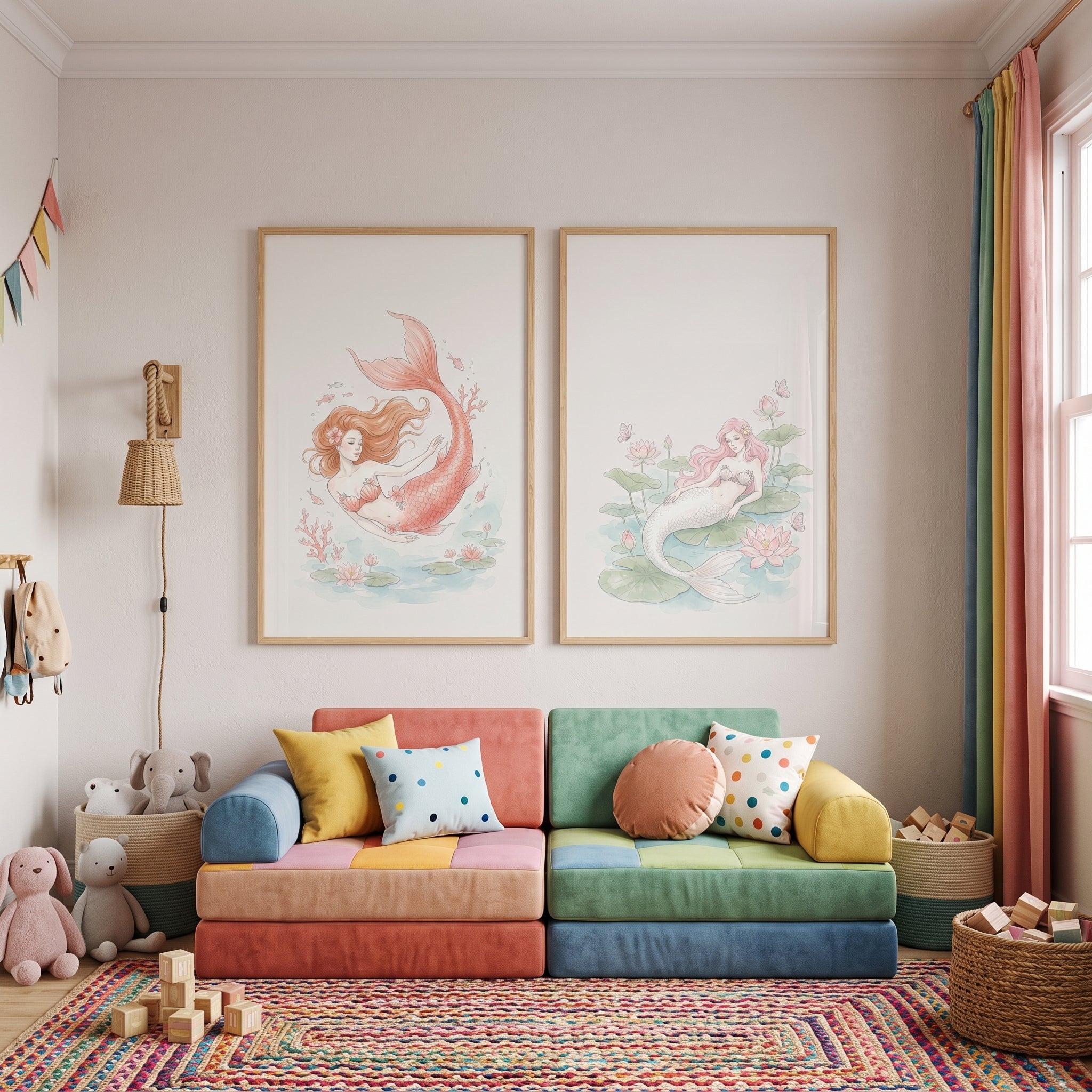 Enchanting Fairytale Watercolor Mermaid Wall Art Set of 2 - Whimsical Aquatic Spirits
