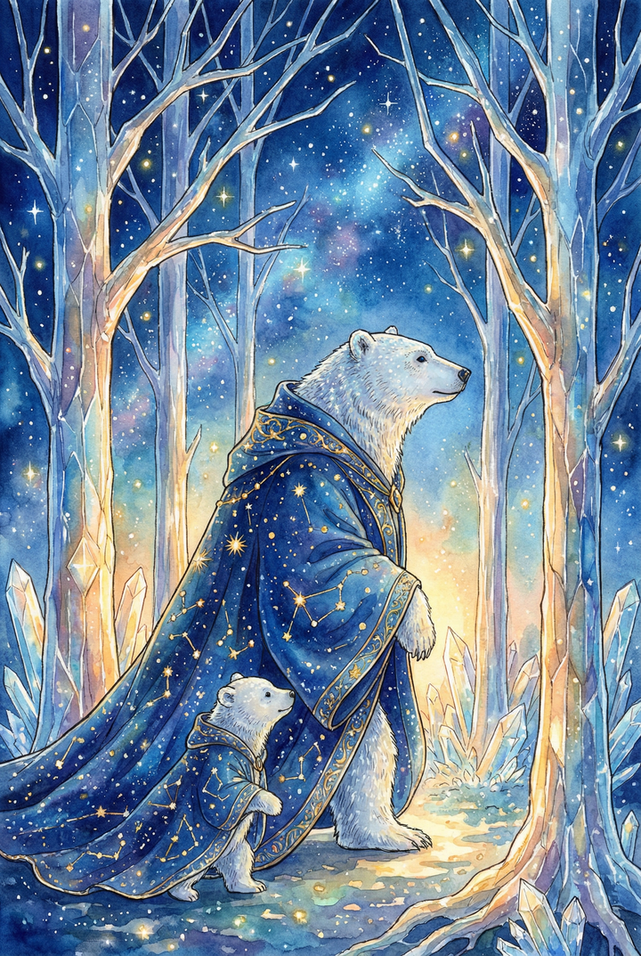 Fantasy wall art print of a white polar bear and cub walking together through a glowing winter forest filled with pale trees and crystal formations. Both wear deep blue cloaks patterned with gold stars and constellations, giving the scene a magical celestial storybook feel.
