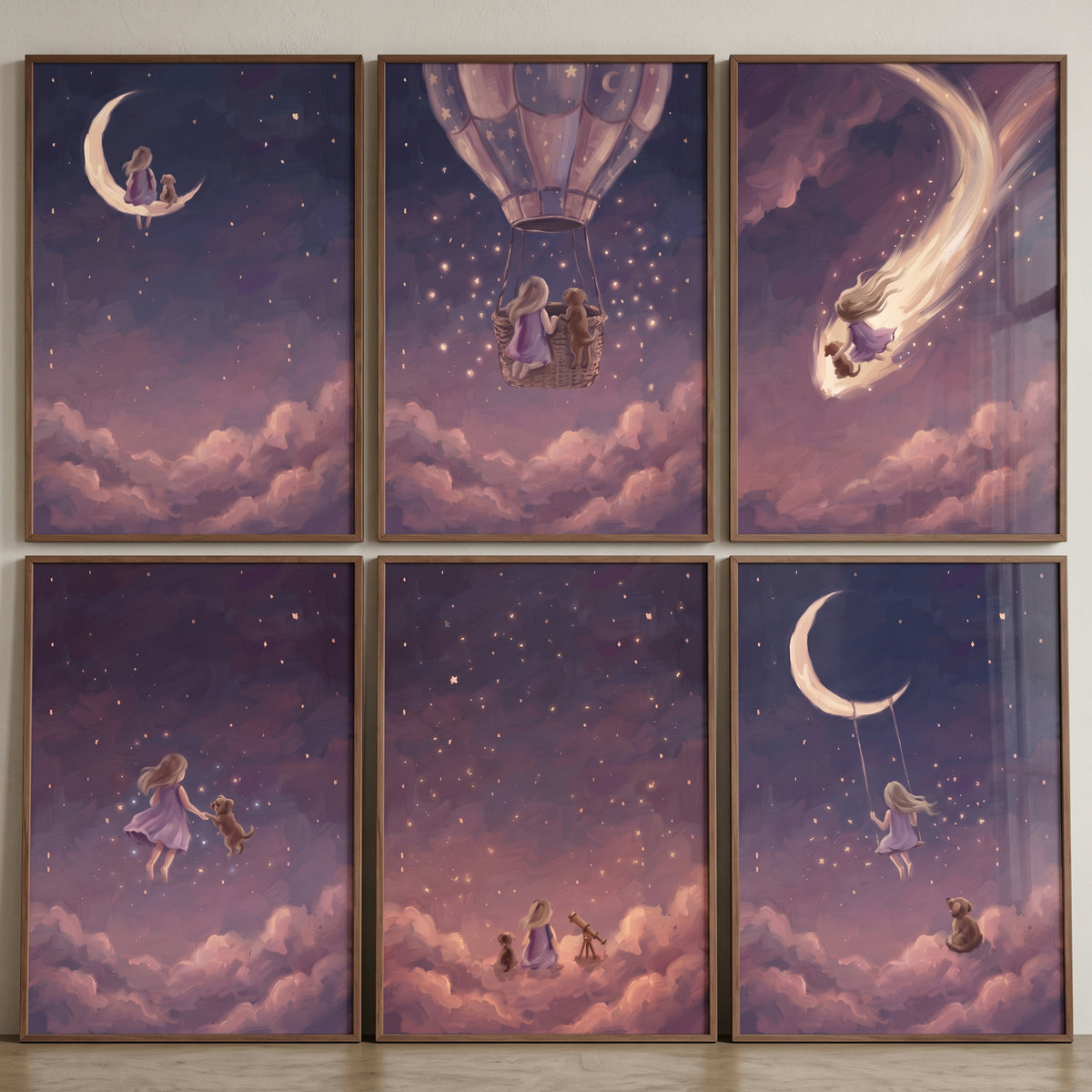 Enchanting violet girl dog wall art set of 6 whimsical illustrations showing friends exploring a starry night sky.