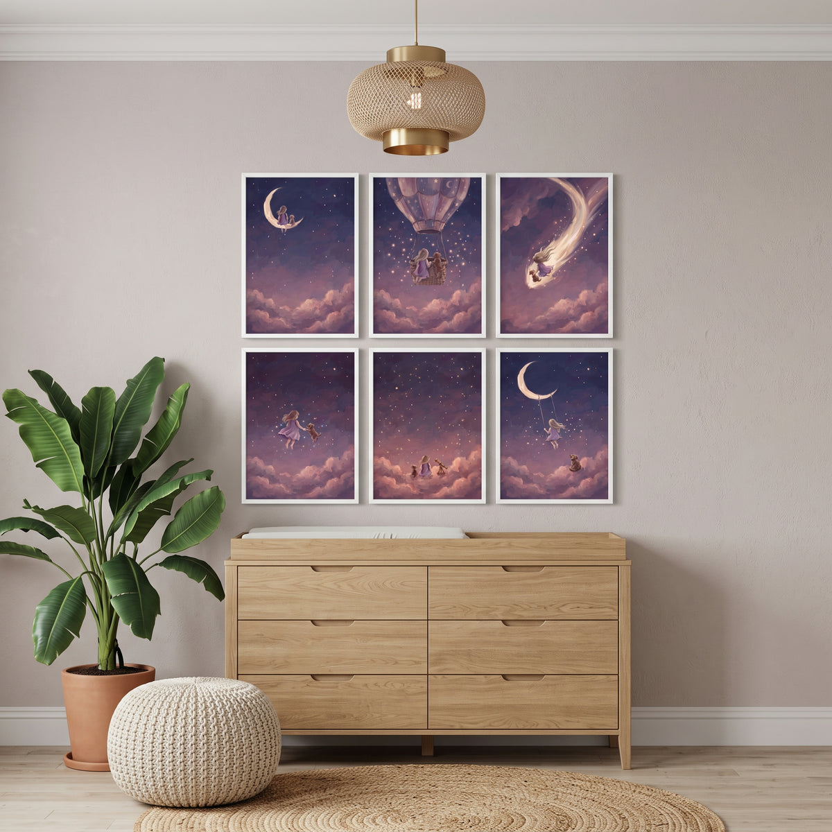 Enchanting Violet Girl Dog Wall Art Set of 6 - Midnight Dream Travels