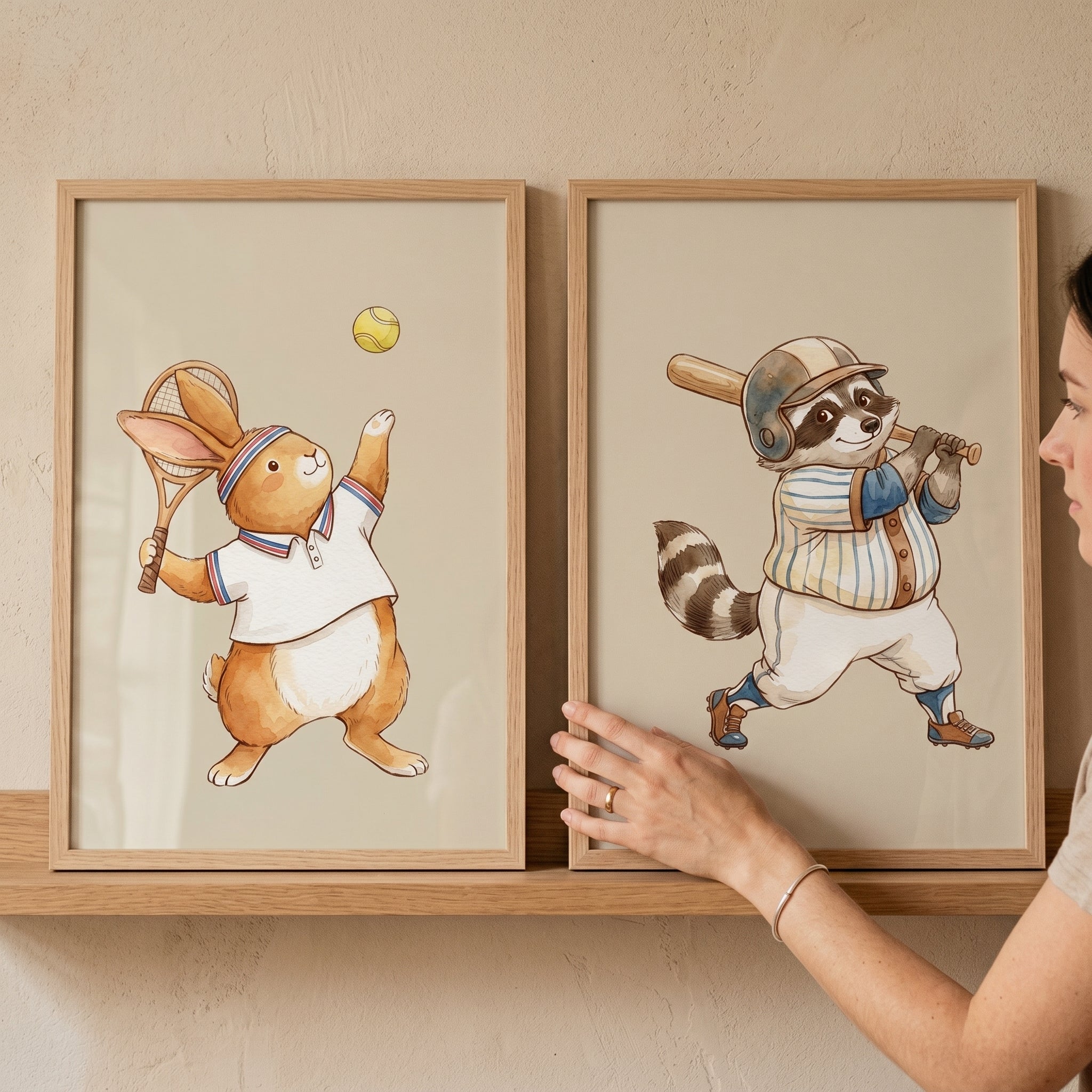 Energetic Watercolor Athletic Animals Wall Art Set of 2 - Sporty Animal Duo