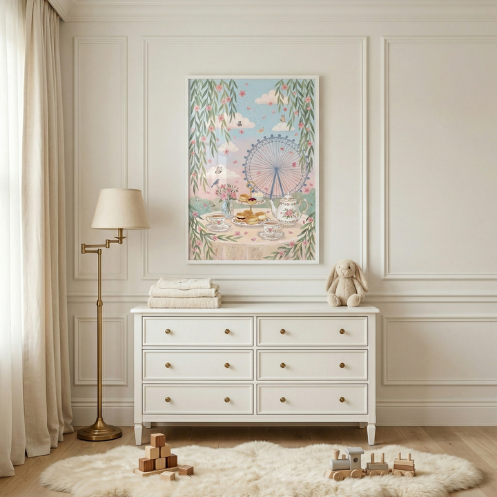 A serene nursery features a white six-drawer dresser. Above it hangs a framed vertical illustration depicting a whimsical tea party scene with a Ferris wheel, blooming trees, and soft pink clouds. A stuffed bunny and folded textiles rest on the dresser. To the left, a tall brass floor lamp stands next to light-colored curtains. On a fluffy white rug, natural wooden blocks and a toy train are neatly placed. The room is accented with elegant wall molding and soft neutral tones.