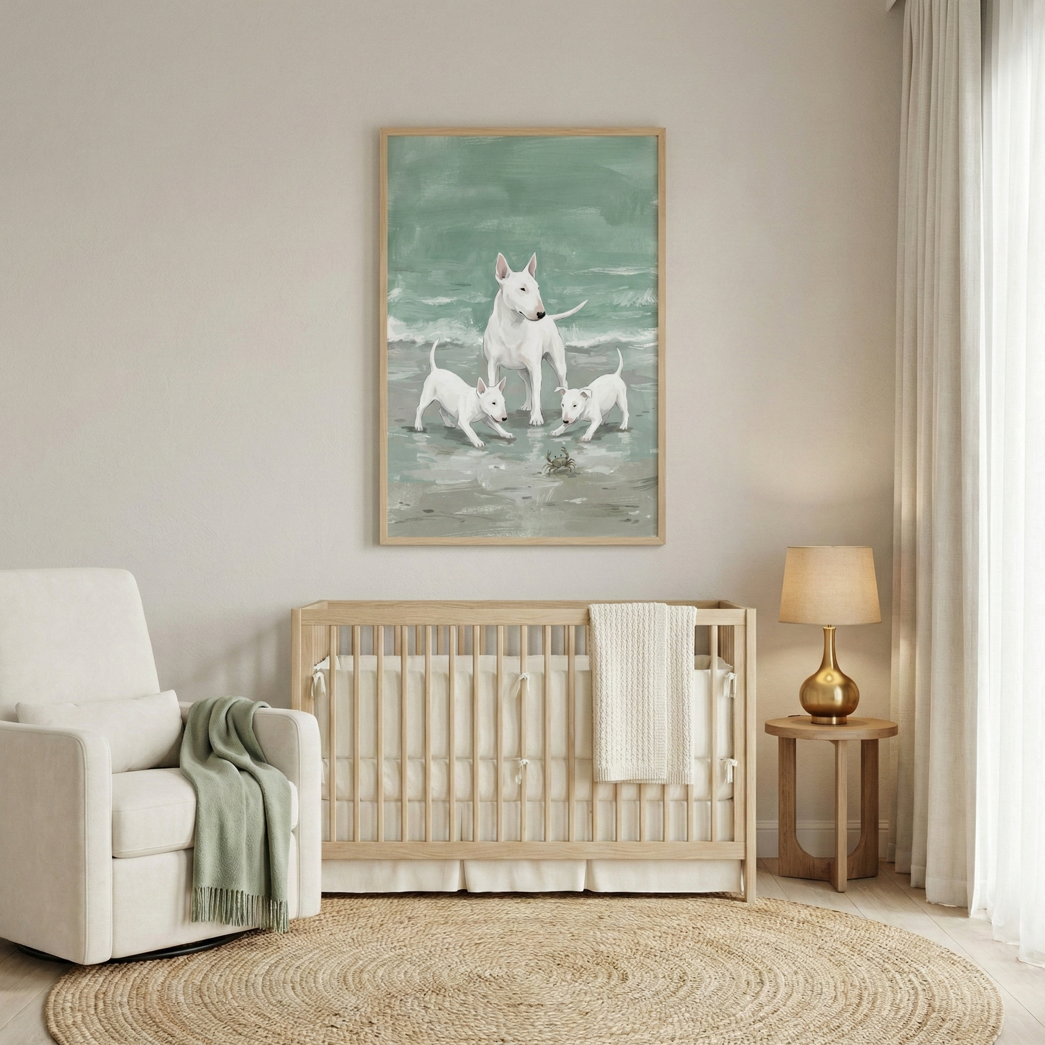 A serene nursery is decorated in soft, neutral tones of beige, white, and muted green. Centered on the wall is a large, light-wood framed illustration depicting three white dogs—one adult and two smaller ones—standing in the shallow tide of a beach. The water and sky in the art piece are rendered in a calming sage green. 
