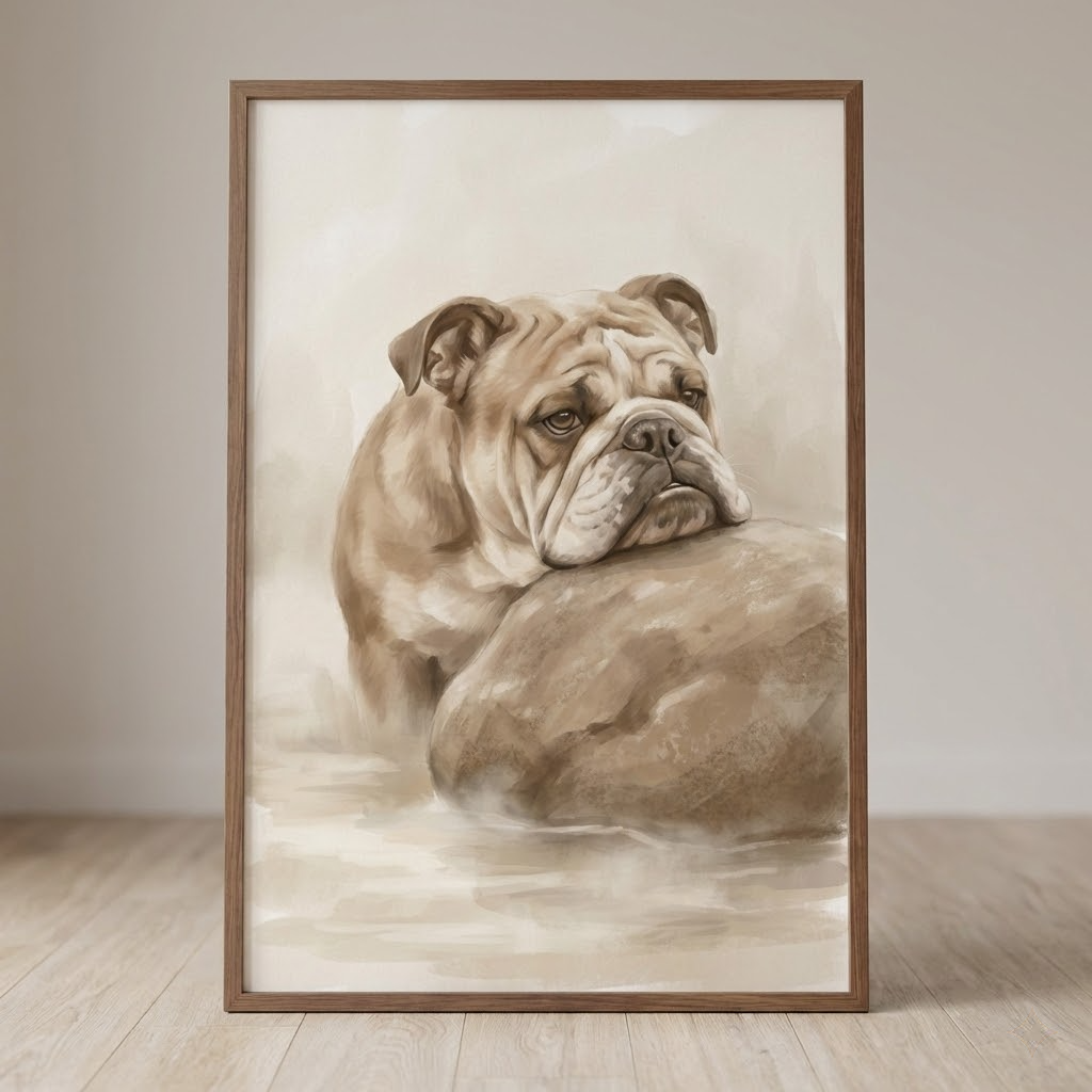 A sepia-toned illustration of an English Bulldog resting its chin on a large, smooth rock. The dog is positioned in a misty, watery environment, with the background and foreground rendered in soft, tonal washes of light brown and tan. The artwork is encased in a simple, dark wood frame, shown leaning against a plain wall on a light-colored wood-planked floor.