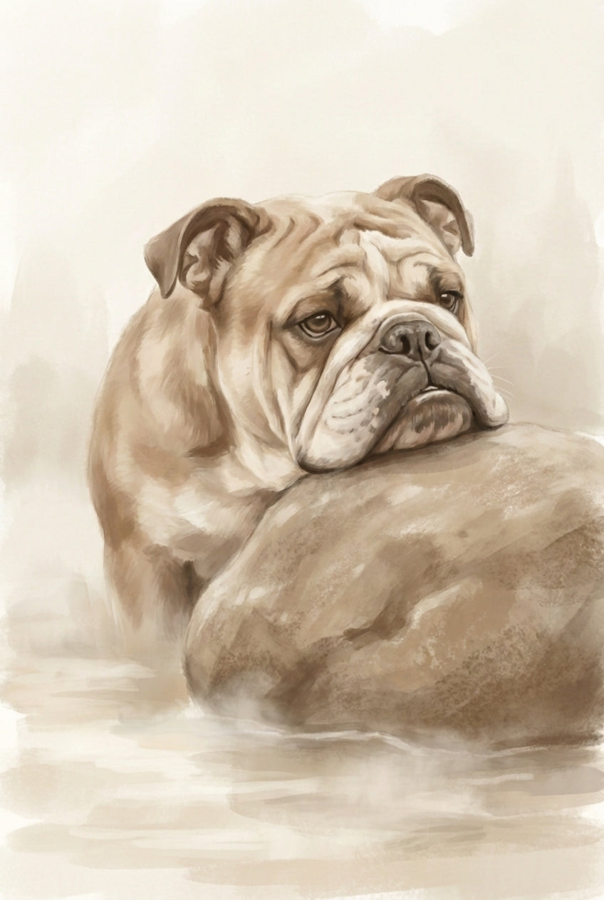 English Bulldog Sepia Tone Wall Art - Pensive Pup