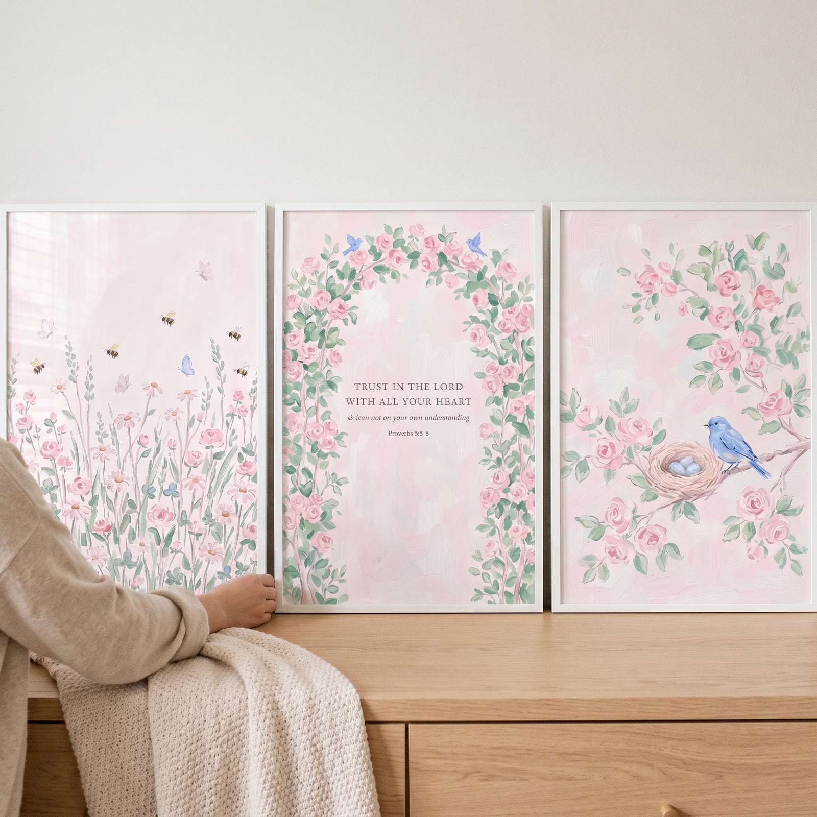 English cottage garden rose wall art set of 3 with pink flowers, bees, a blue bird, and a Bible verse in white frames.