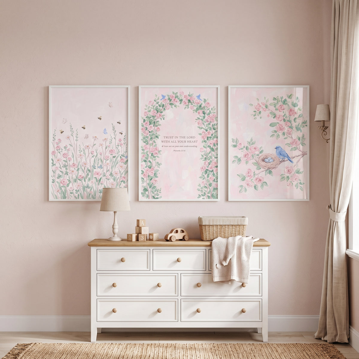 English Cottage Garden Rose Wall Art Set of 3 - Sacred Floral Grace