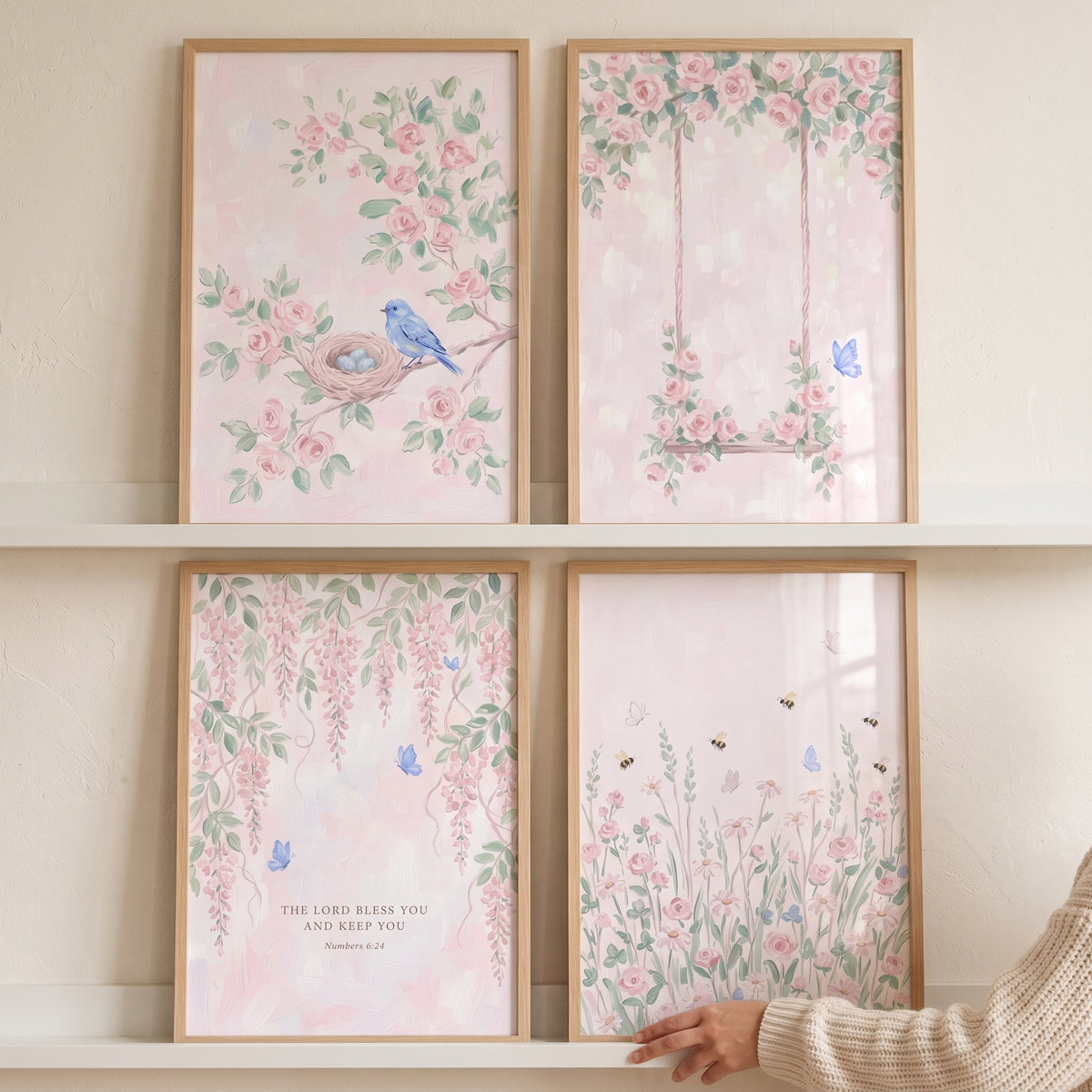 English Country Garden Scene Wall Art Set of 4 - Pastel Floral Grace