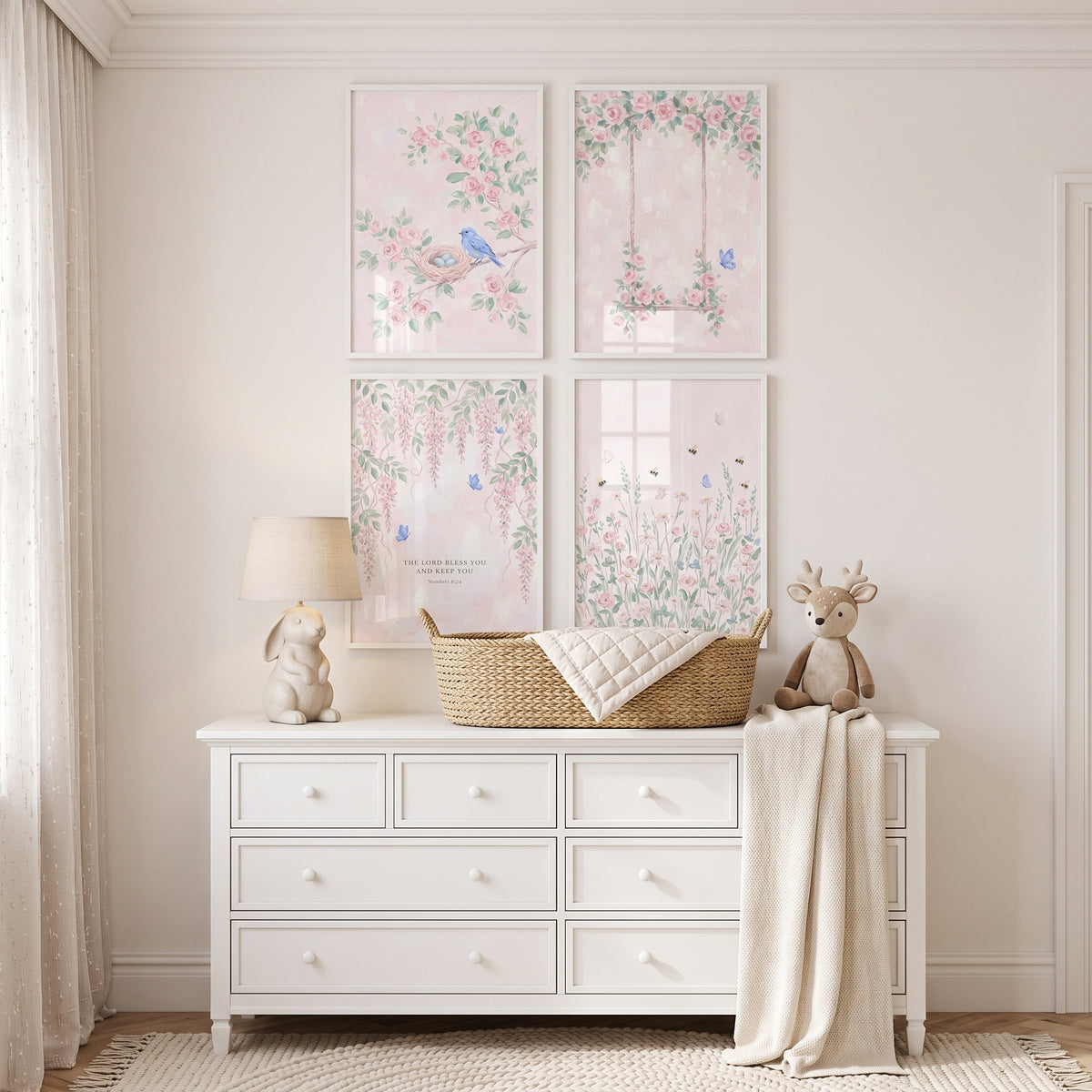 English Country Garden Scene Wall Art Set of 4 - Pastel Floral Grace