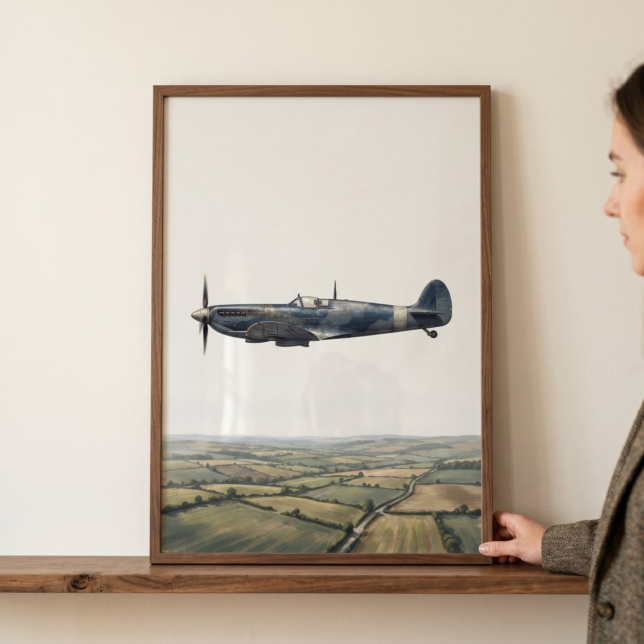 English Countryside Fighter Airplane Wall Art - Vintage Fighter Flight