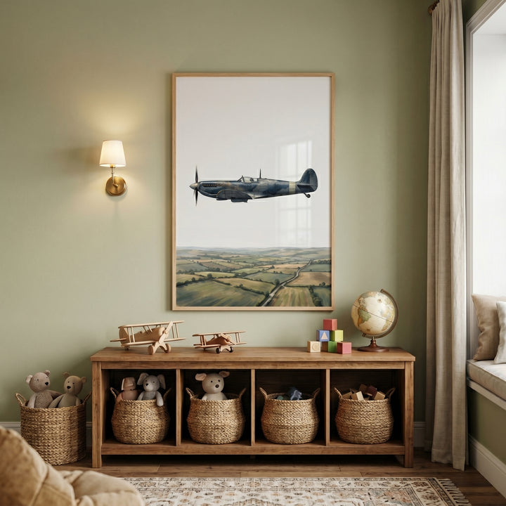 English countryside fighter airplane wall art hangs above a wooden storage bench with toys in a sage green nursery.