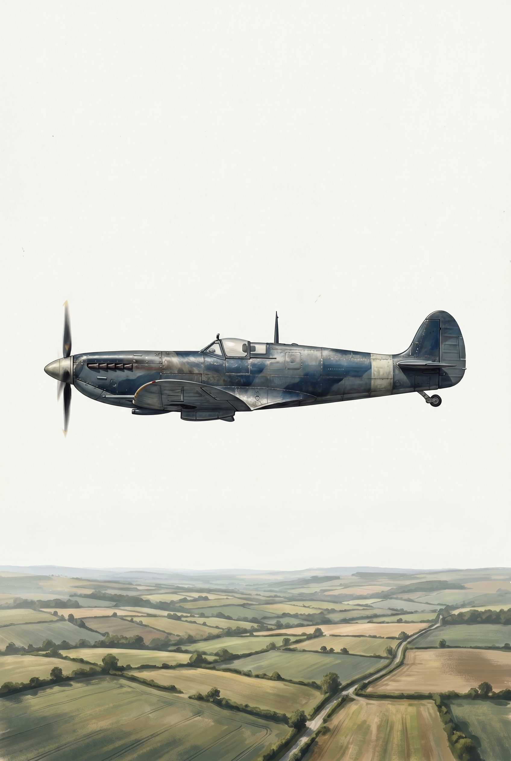 English Countryside Fighter Airplane Wall Art - Vintage Fighter Flight