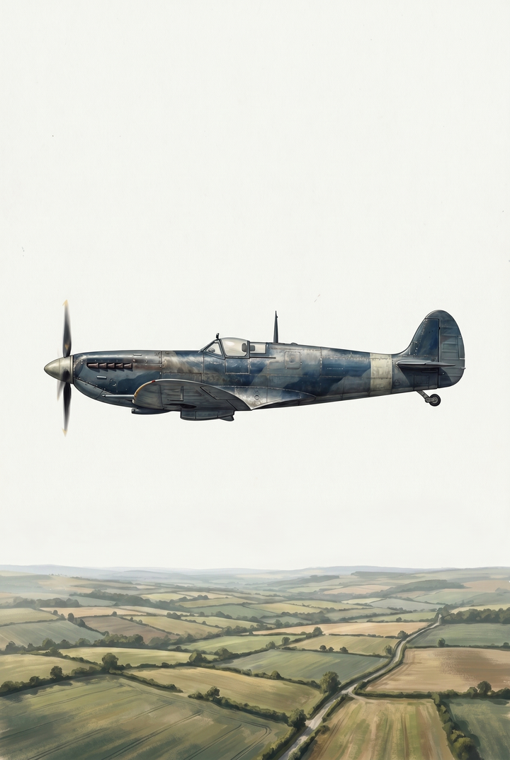 A vintage propeller plane flying over green rolling hills in english countryside fighter airplane wall art.
