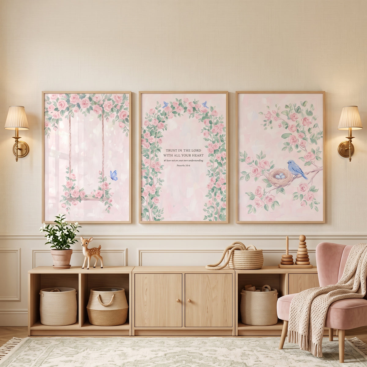 English Floral Pink Rose Wall Art Set of 3 - Garden Of Faith