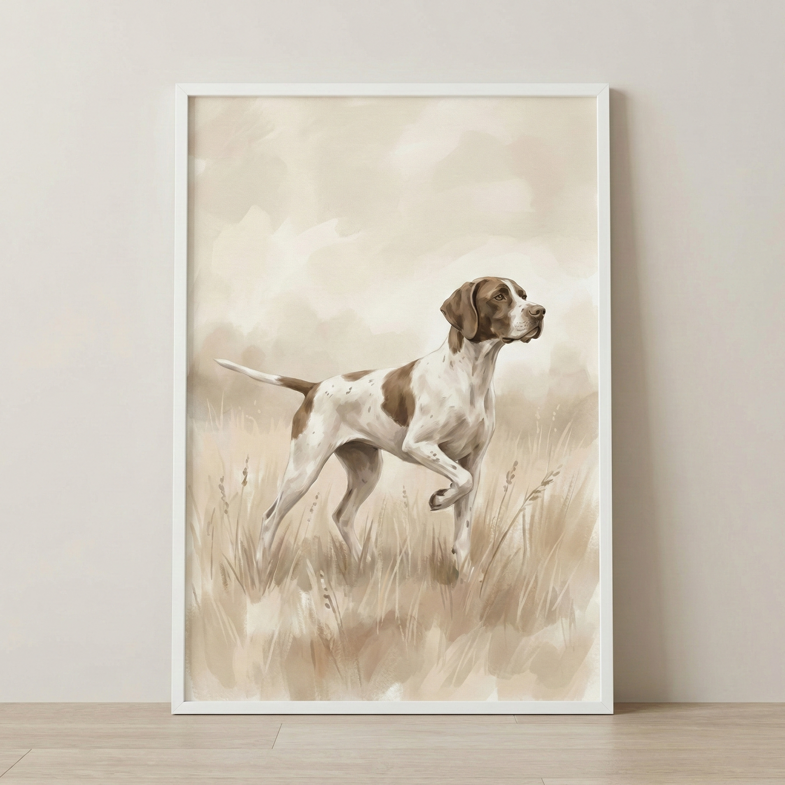 A framed vertical illustration of a shorthaired pointing dog standing in a field of tall grass. The dog, featuring a white coat with large brown patches, is depicted in a classic hunting pose with one front paw lifted and its tail held straight out. Its head is turned to the side with an alert expression. The artwork uses a soft, muted color palette of beiges, tans, and browns with visible, expressive brushstrokes throughout the background and foreground. 