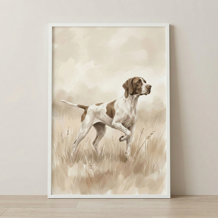 A framed vertical illustration of a shorthaired pointing dog standing in a field of tall grass. The dog, featuring a white coat with large brown patches, is depicted in a classic hunting pose with one front paw lifted and its tail held straight out. Its head is turned to the side with an alert expression. The artwork uses a soft, muted color palette of beiges, tans, and browns with visible, expressive brushstrokes throughout the background and foreground. 