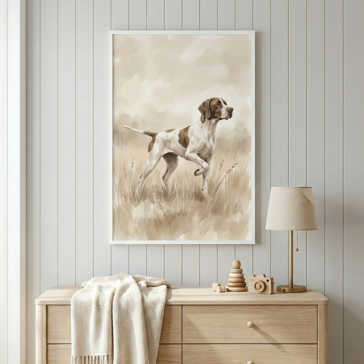 A framed artwork of a brown and white pointer dog in a field of tall grass hangs on a light grey vertical paneled wall. The illustration has a soft, muted color palette. Below the frame sits a light-toned wooden dresser. On top of the dresser, a cream-colored knit blanket is draped over one side. Next to it are a small wooden stacker toy, a wooden toy camera, and a gold table lamp with a beige shade. The scene has a clean, neutral, and minimalist aesthetic.