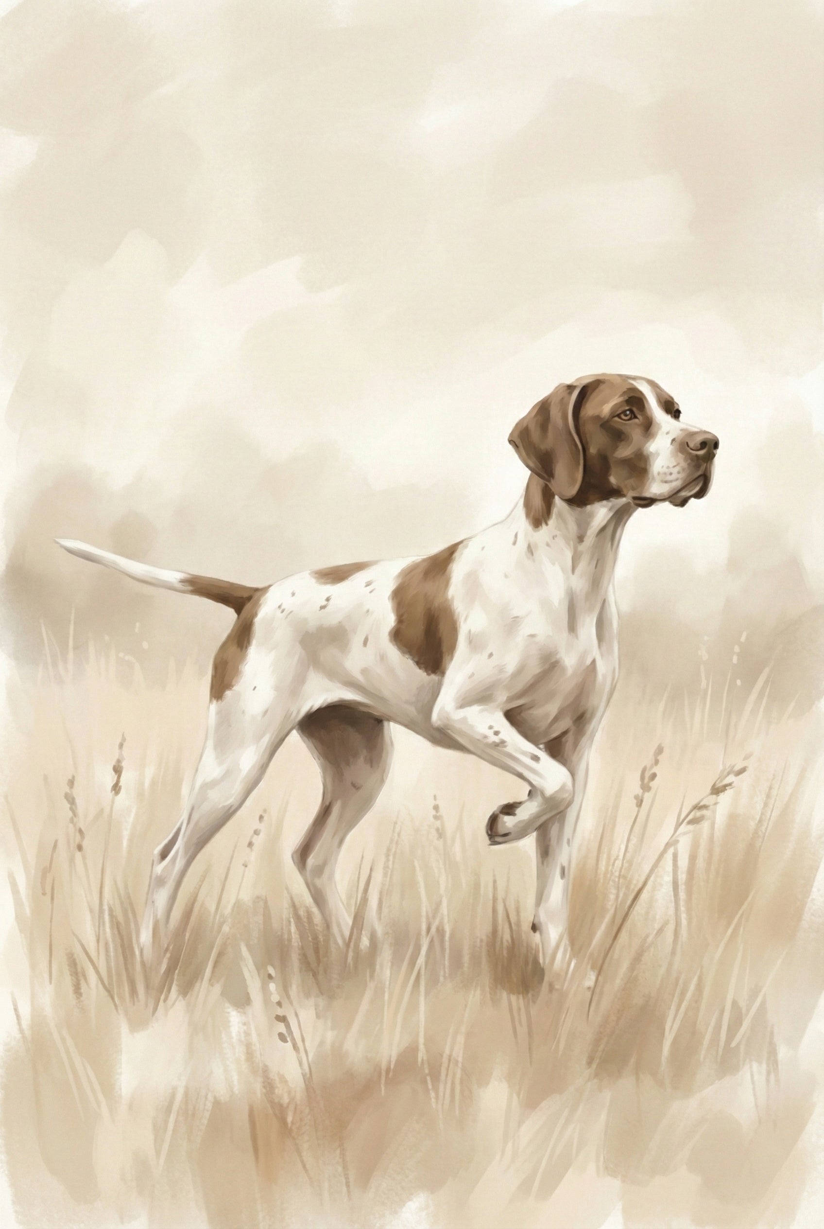 Vintage sepia illustration of an English Pointer standing alert in tall grass, shown in a classic hunting pose with a soft neutral background.

