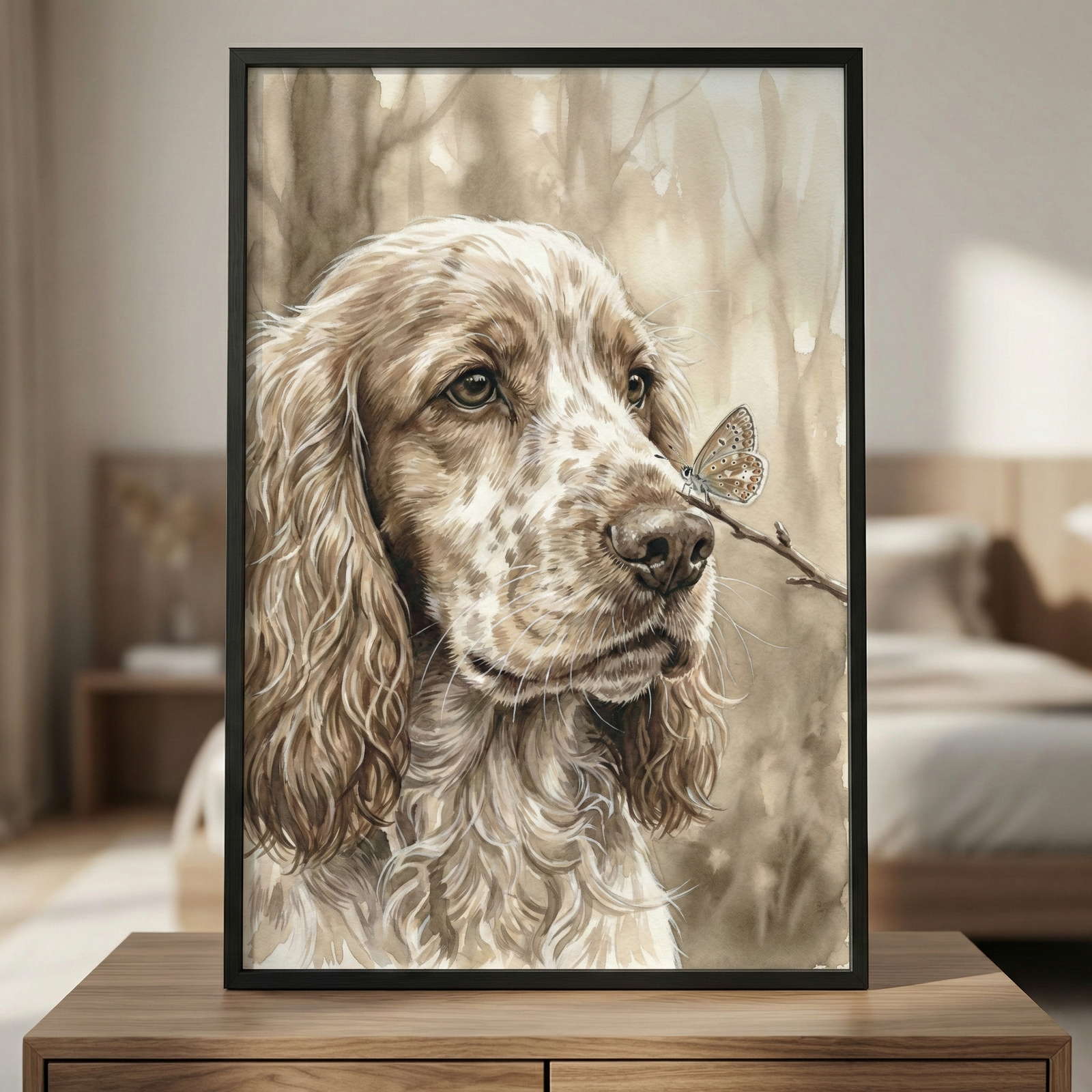 A framed watercolor-style illustration depicts a long-haired, spotted dog with a gentle expression. Its fur is a mix of white and warm brown tones. A small, patterned butterfly rests on a thin twig just in front of the dog's nose. The artwork uses a muted sepia palette with soft, blurred forest details in the background. The piece is encased in a simple black frame and displayed on a wooden dresser in a softly lit, modern bedroom with a bed visible in the blurred distance.