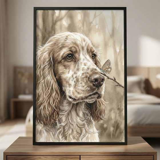 A framed watercolor-style illustration depicts a long-haired, spotted dog with a gentle expression. Its fur is a mix of white and warm brown tones. A small, patterned butterfly rests on a thin twig just in front of the dog's nose. The artwork uses a muted sepia palette with soft, blurred forest details in the background. The piece is encased in a simple black frame and displayed on a wooden dresser in a softly lit, modern bedroom with a bed visible in the blurred distance.