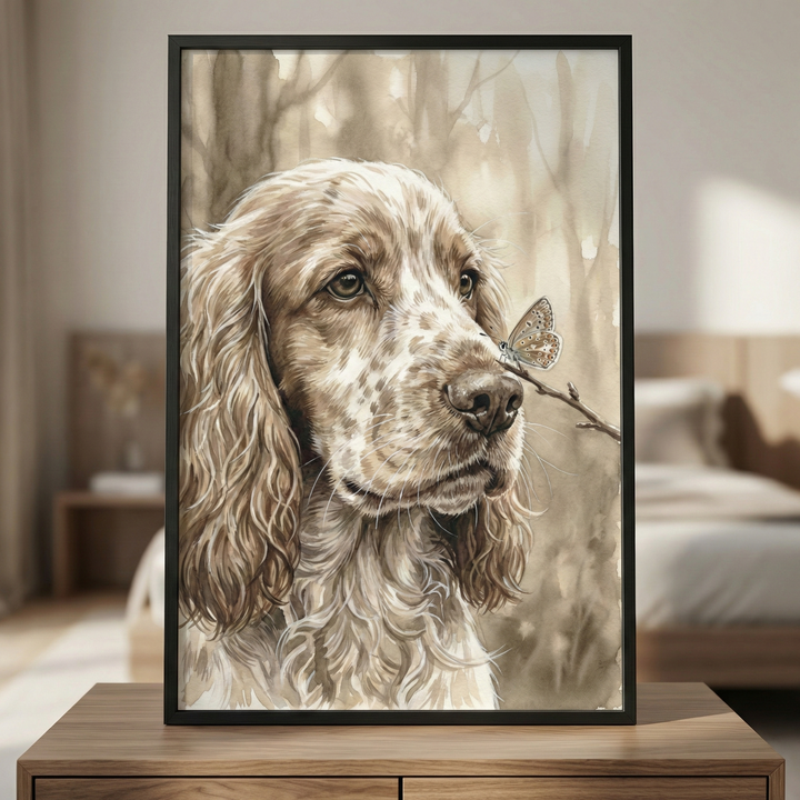 A framed watercolor-style illustration depicts a long-haired, spotted dog with a gentle expression. Its fur is a mix of white and warm brown tones. A small, patterned butterfly rests on a thin twig just in front of the dog's nose. The artwork uses a muted sepia palette with soft, blurred forest details in the background. The piece is encased in a simple black frame and displayed on a wooden dresser in a softly lit, modern bedroom with a bed visible in the blurred distance.