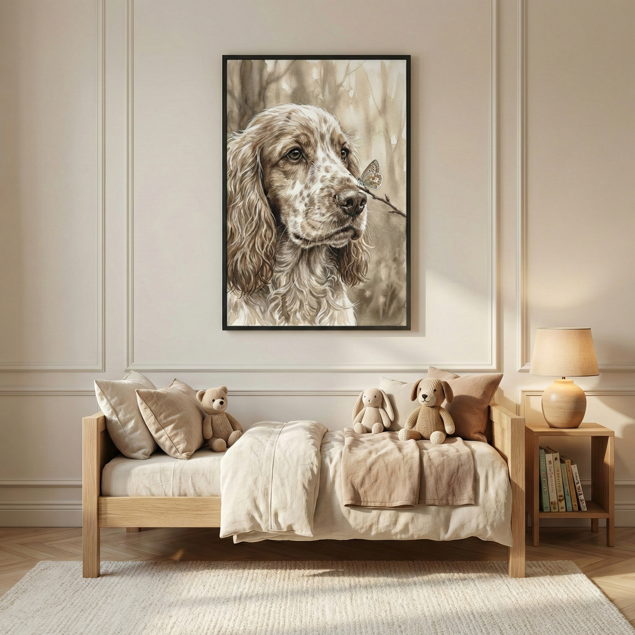 A cozy, neutral-toned children's room features a large framed work of art depicting a soft, detailed portrait of a long-eared dog with a butterfly on a branch near its nose. Below, a light wooden toddler bed is dressed in beige and cream linens with several plush stuffed animals. To the side, a matching wooden table holds a warm lamp and books. The room has elegant wall molding and a light-colored woven rug on the floor, creating a peaceful and warm atmosphere.