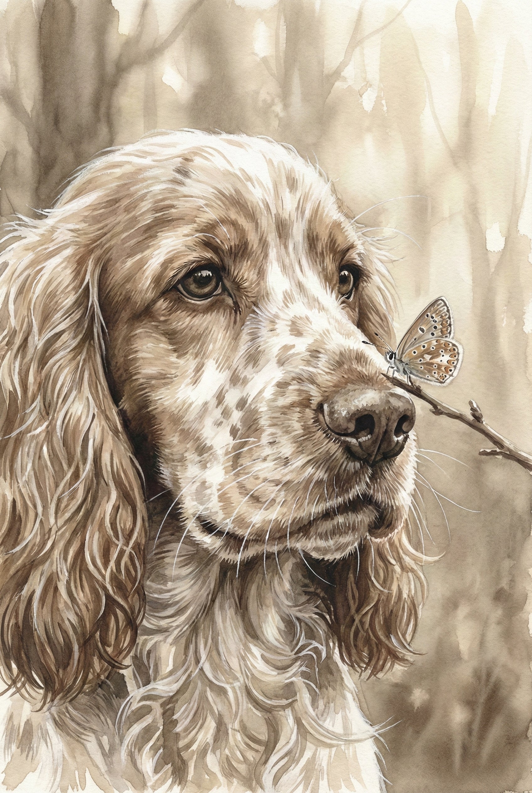 Realistic watercolor portrait of an English Setter with long flowing ears, gently observing a butterfly resting on a small branch near its nose.
