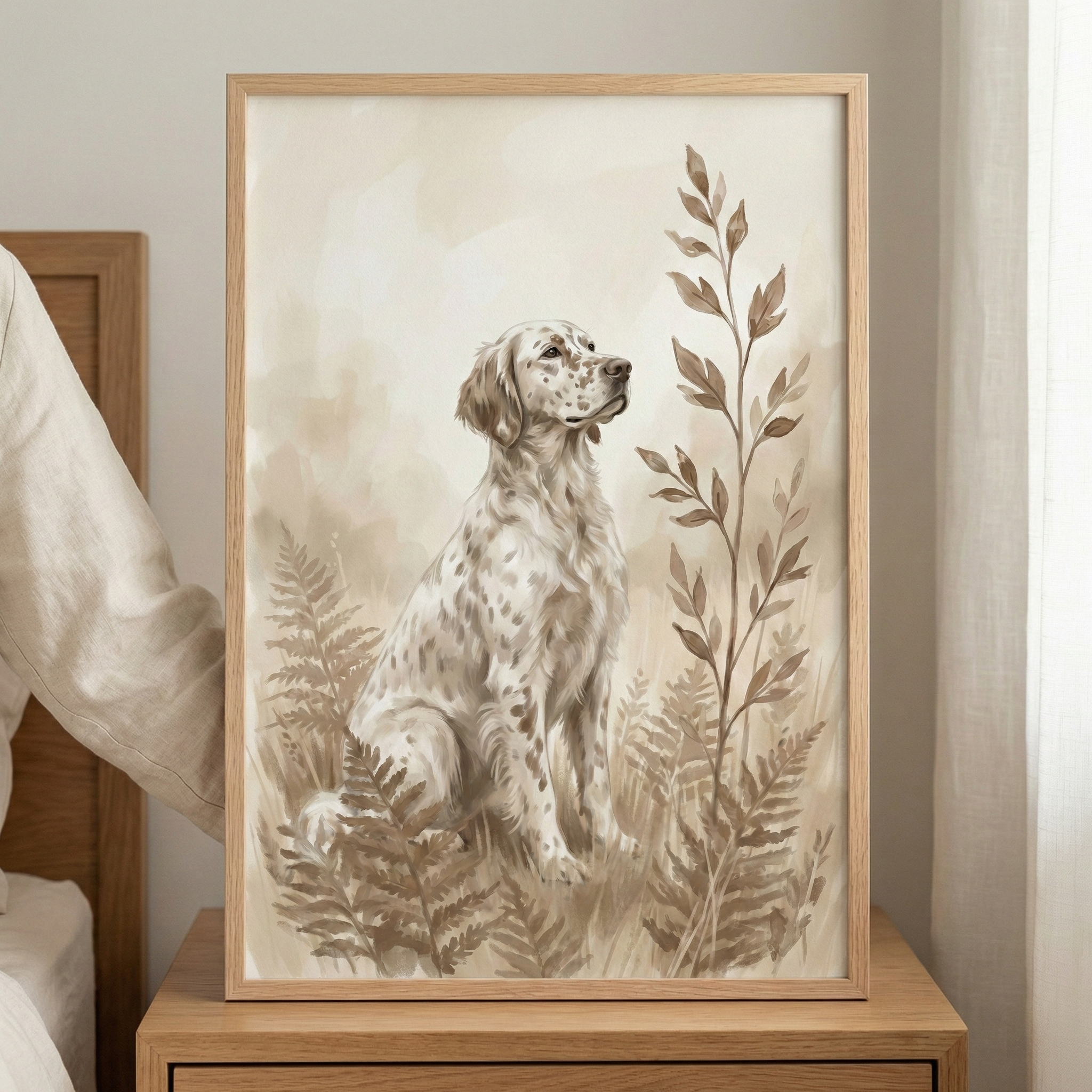 A framed watercolor-style illustration of a white dog with brown spots, sitting amongst stylized botanical elements like ferns and a tall leafy branch. The artwork is rendered in warm, sepia-toned hues of beige, cream, and brown. The frame is a light natural wood, and it is displayed on a matching wooden bedside table within a neutral-toned room setting.
