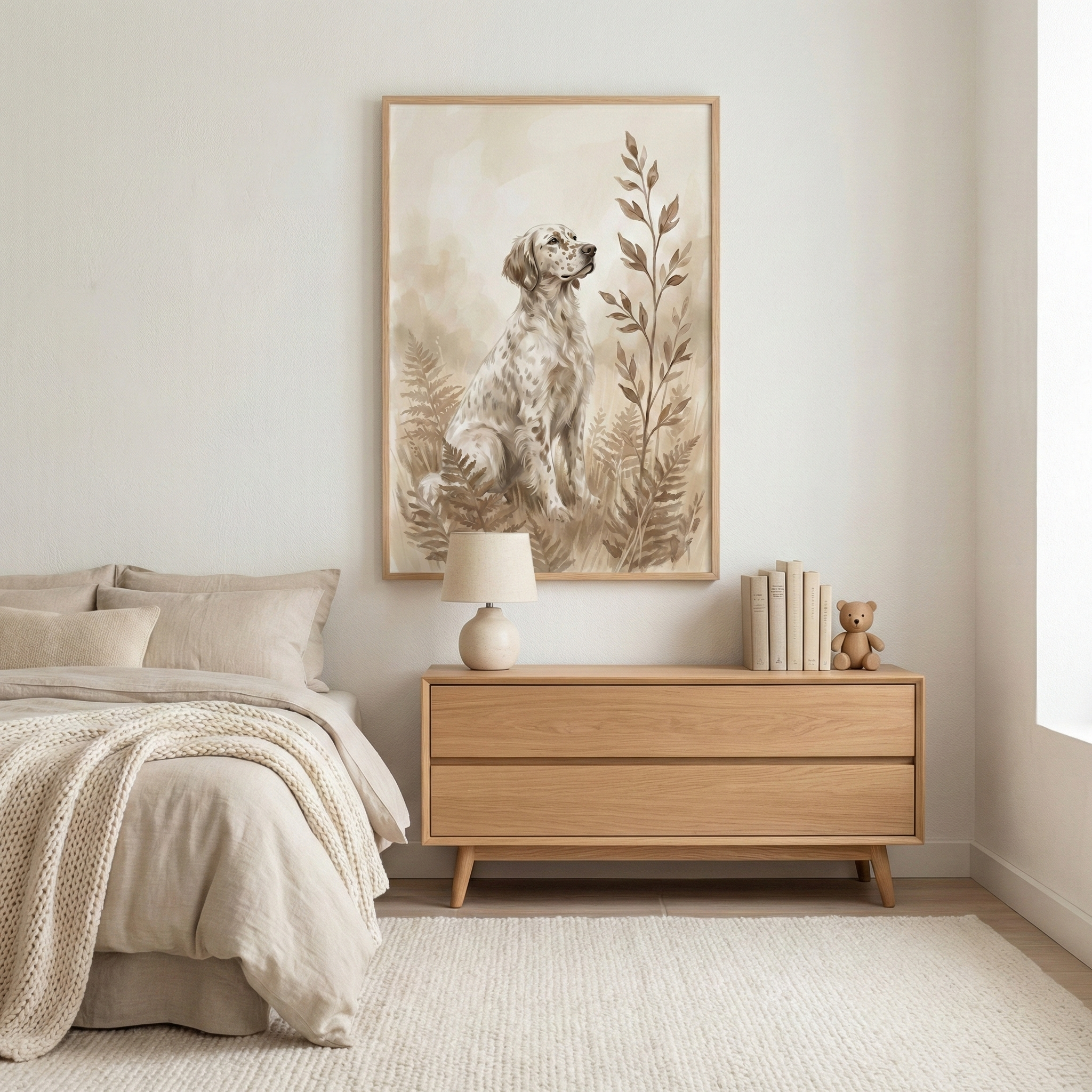 A large framed wall decoration serves as the centerpiece of this neutral-toned bedroom. The artwork features a detailed illustration of a spotted, long-eared dog sitting gracefully among tall grasses and ferns. The entire piece is rendered in soft, monochromatic shades of beige, brown, and cream. 

