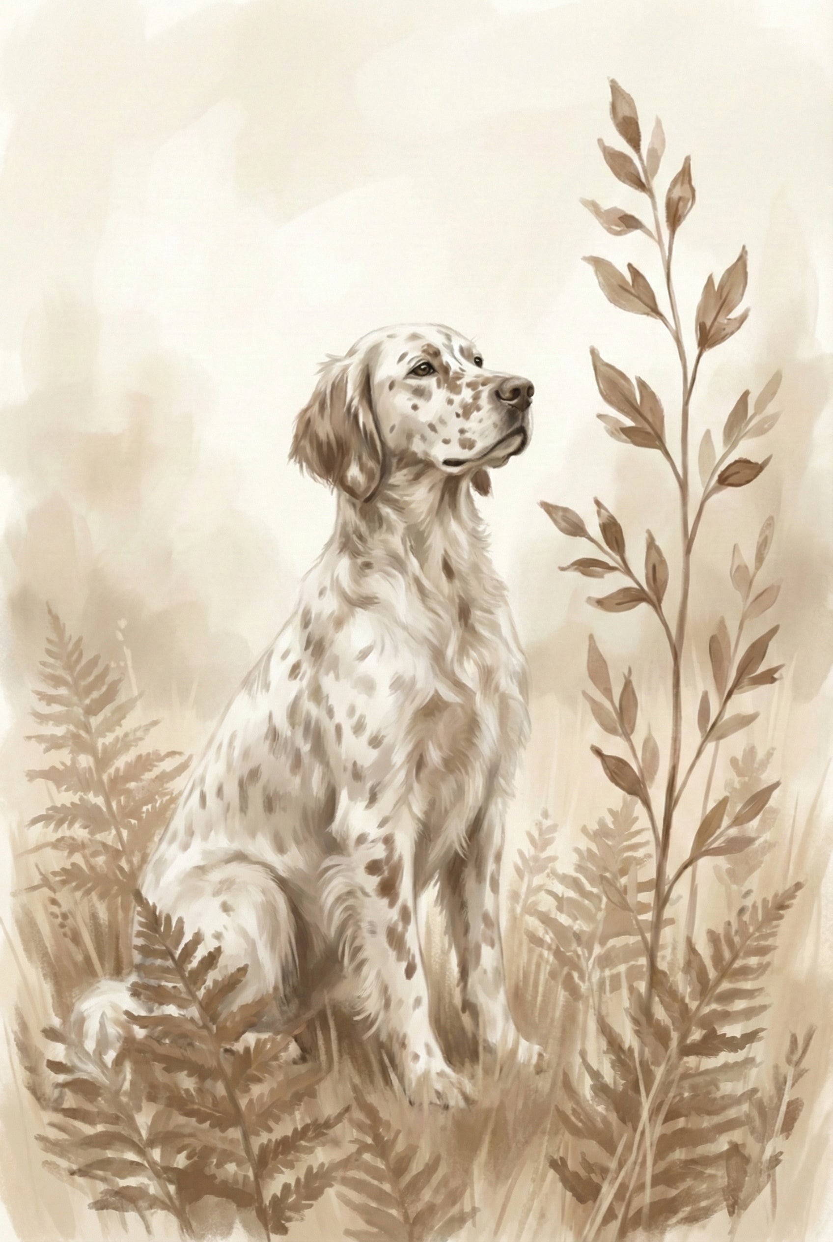 Watercolor painting of an English Setter sitting among tall grasses and ferns, rendered in warm sepia tones with delicate woodland details.
