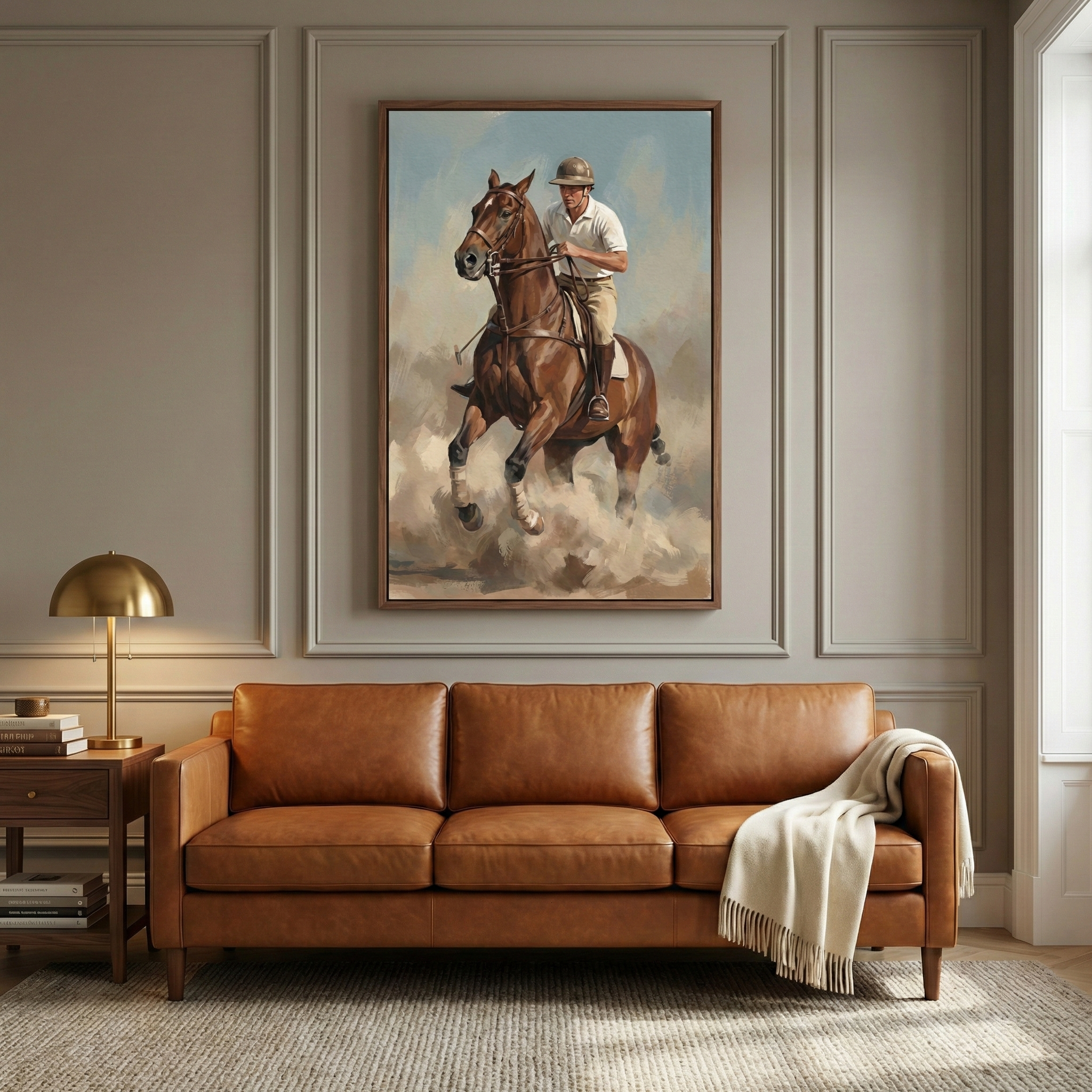 A sophisticated living room interior featuring a large piece of framed wall art as its centerpiece. The artwork depicts a person in a white polo shirt and helmet riding a brown horse that is kicking up a cloud of dust. Positioned below the art is a three-seater sofa upholstered in tan leather, with a cream-colored fringed throw draped over one side. To the left of the sofa, a dark wood side table holds a stack of books and a minimalist brass-colored lamp with a dome-shaped shade. 