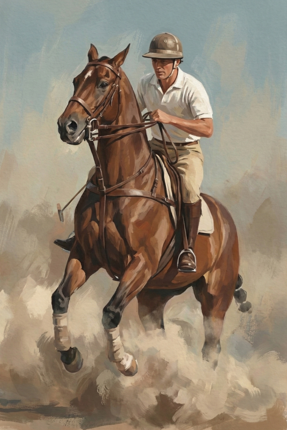 A polo player in a white uniform rides a galloping horse across a dusty field, reins gripped tightly with intense forward motion captured in brushstrokes.

