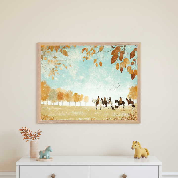 Kid's room with a white dresser. A large framed illustration of horse riders and dogs in an autumn landscape hangs above the dresser. A vase with dried leaves and two horse figurines are on the dresser.