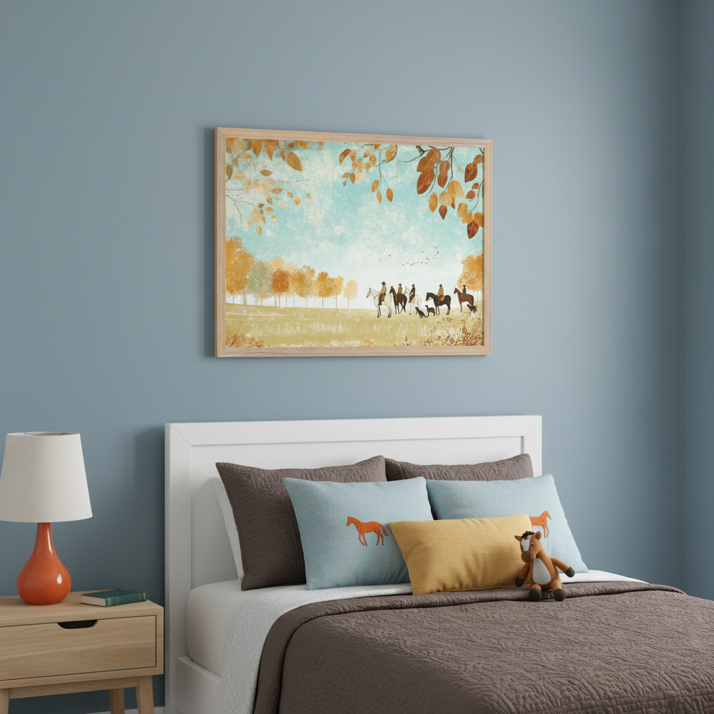 Kid's bedroom with a white bed and a light wood nightstand. A large framed painting hangs above the bed, depicting an autumnal landscape with trees, a field, and people riding horses and a dog under a blue sky.