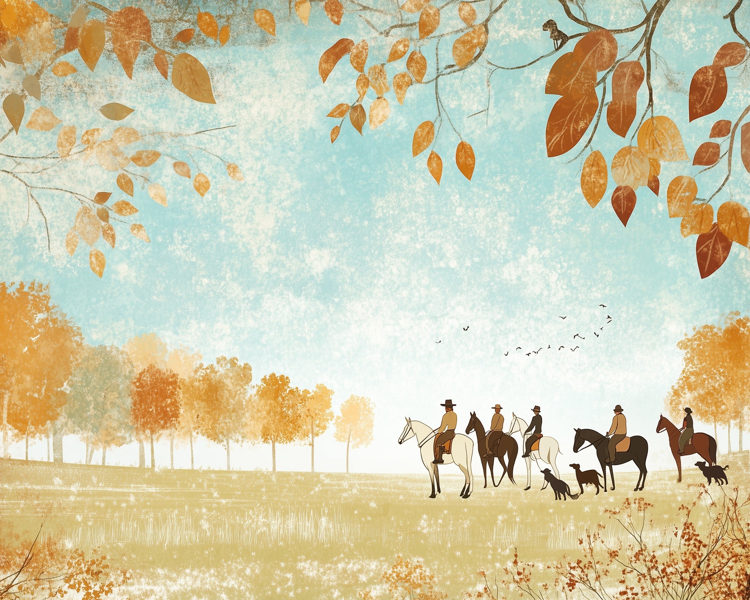A serene illustration depicts a group of five people riding horses across a sunlit field, accompanied by two dogs. The scene is framed by autumnal trees and falling leaves, with a clear blue sky overhead and birds flying in the distance.