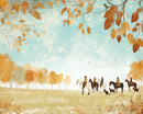 A serene illustration depicts a group of five people riding horses across a sunlit field, accompanied by two dogs. The scene is framed by autumnal trees and falling leaves, with a clear blue sky overhead and birds flying in the distance.