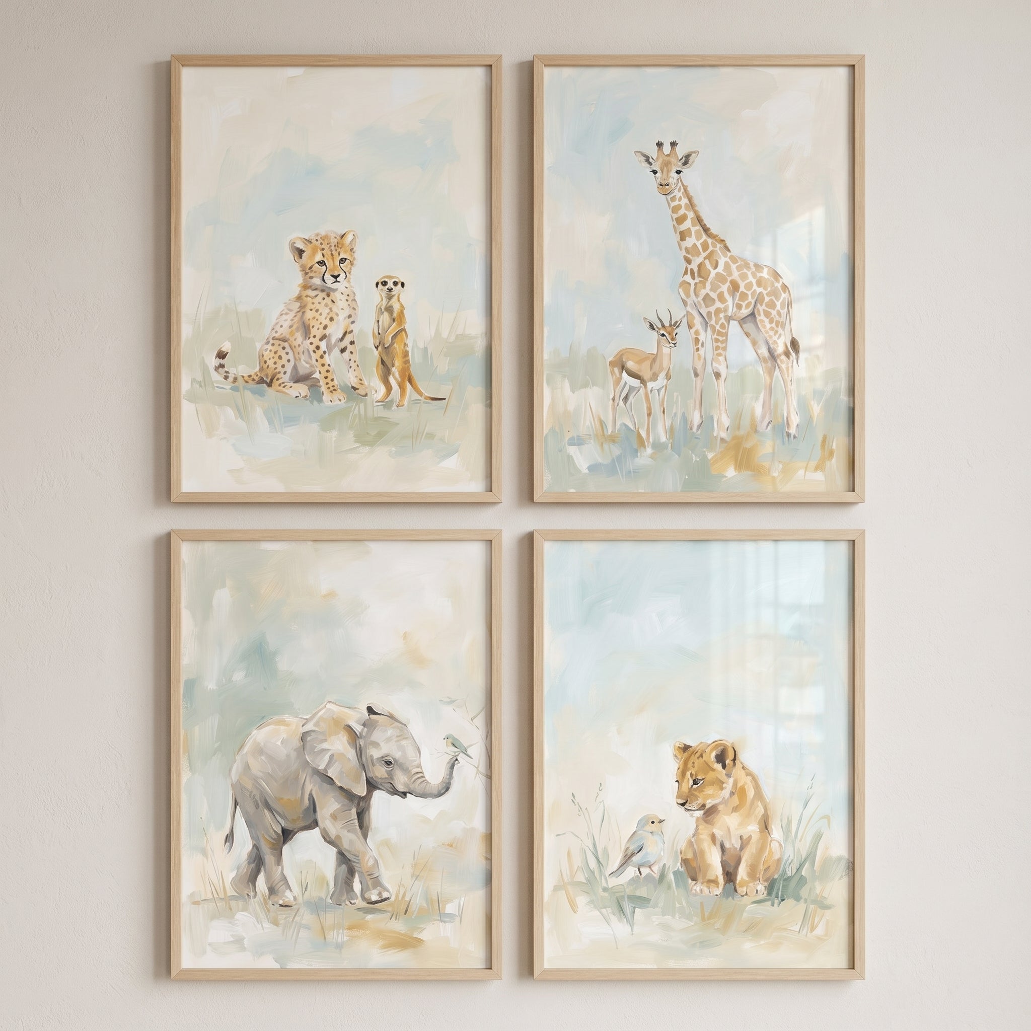 Ethereal Baby Safari Animals Wall Art Set Of 4 - Savannah Baby Friends