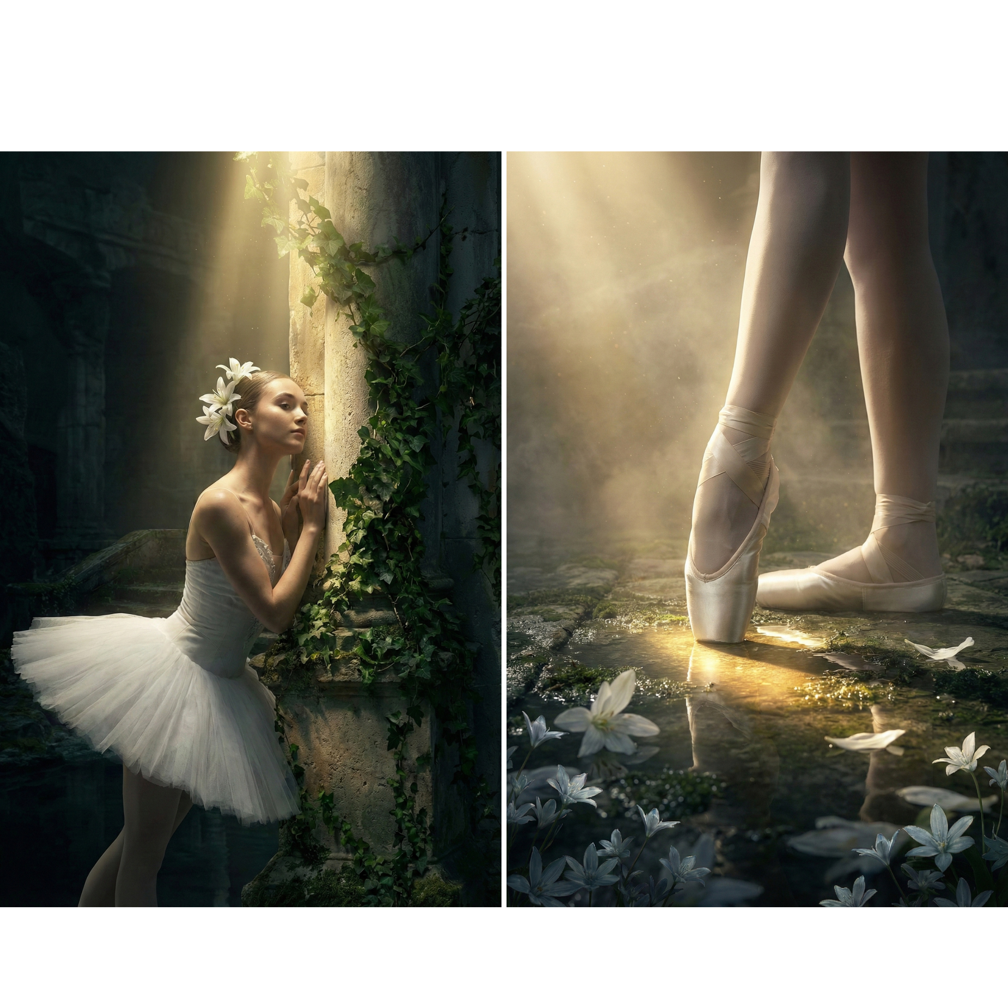 Two side-by-side images show a ballerina in an ethereal, atmospheric setting. On the left, she wears a white tutu and hair flowers, leaning against an ivy-covered stone pillar in soft light. On the right, a close-up shows her feet in satin pointe shoes on a damp stone floor. One foot is on pointe, illuminated by a warm beam of light reflecting in a puddle amidst small white flowers and mist.