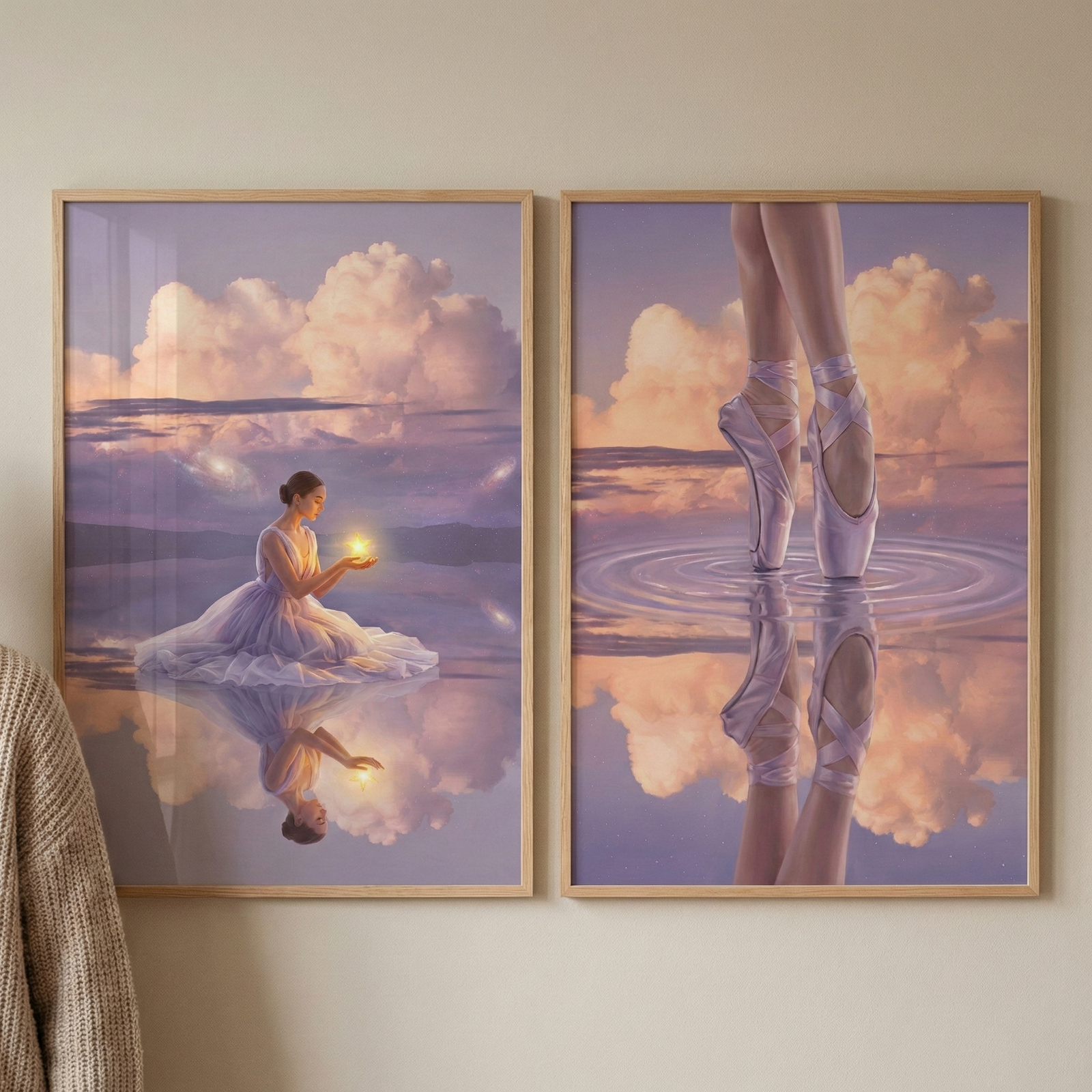Two side-by-side framed digital illustrations hang on a light-colored wall. The left piece shows a woman in a flowing, light purple gown sitting on a mirrored surface that resembles water, holding a small, glowing orb in her hands. The right piece is a close-up of a person's legs and feet in lilac ballet slippers, standing on their toes on a rippled water surface. 